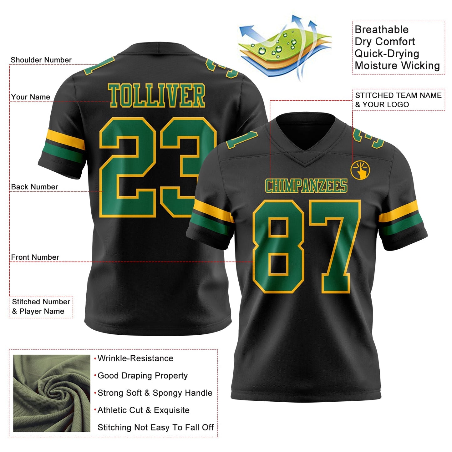 Custom Black Kelly Green-Gold Authentic Football Jersey view 3