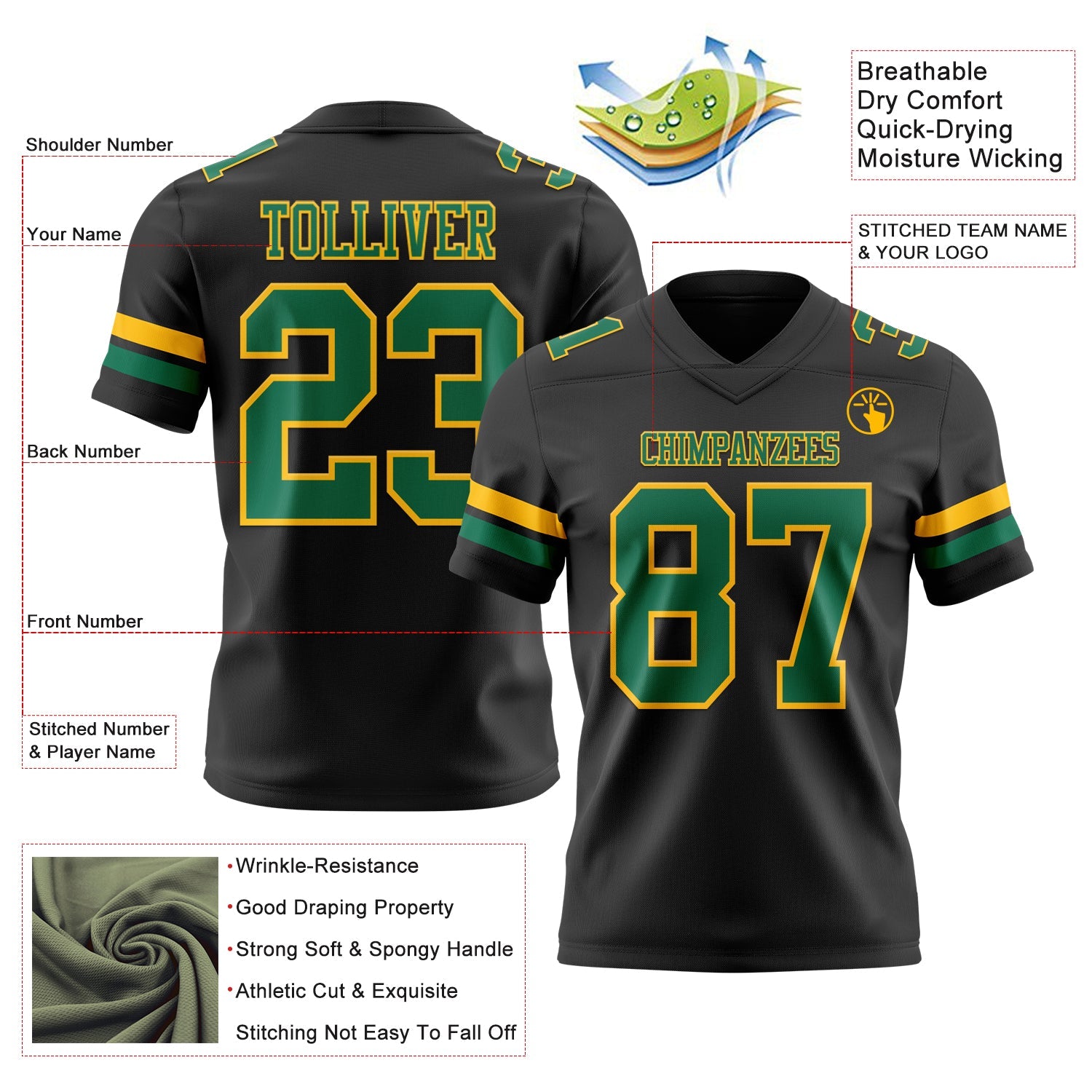 Custom Black Kelly Green-Gold Authentic Football Jersey view 3
