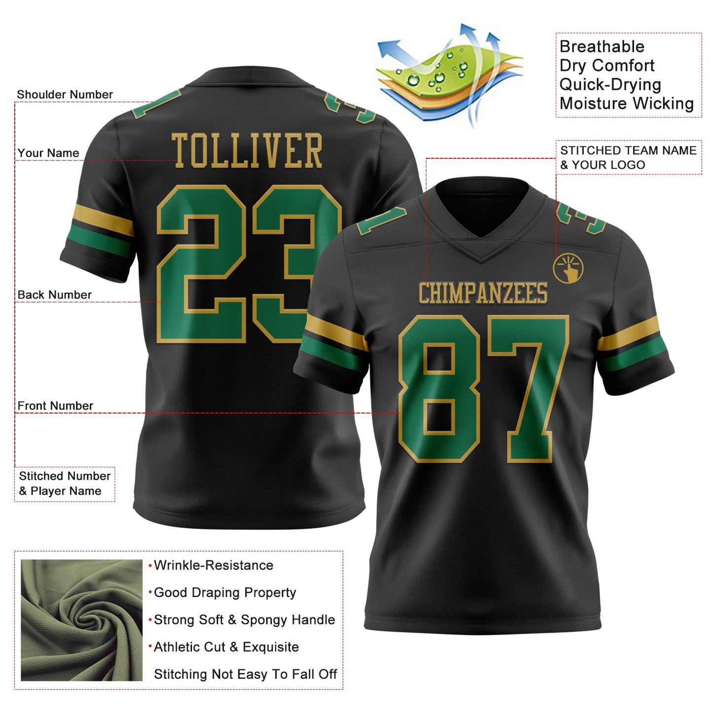 Custom Black Kelly Green-Old Gold Authentic Football Jersey view 3