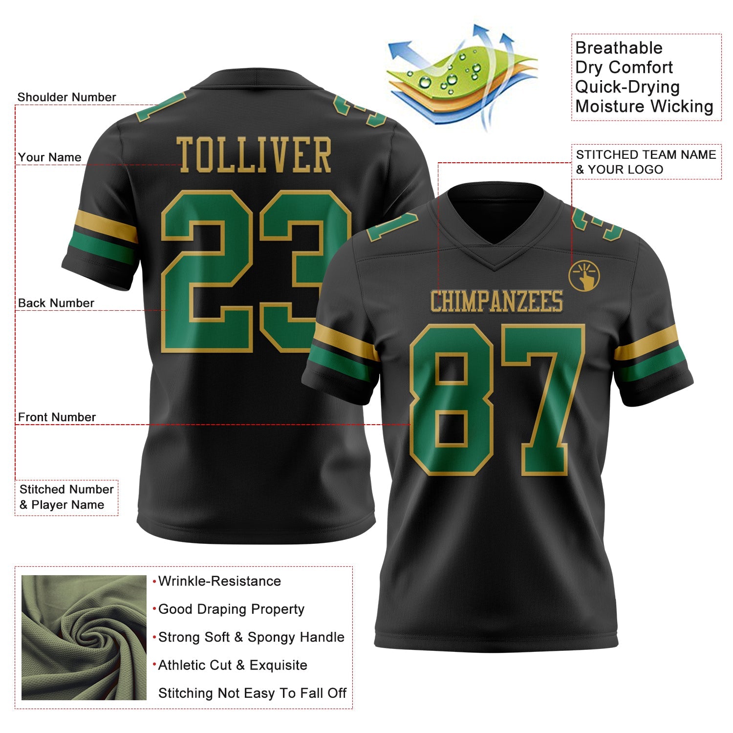 Custom Black Kelly Green-Old Gold Authentic Football Jersey view 3