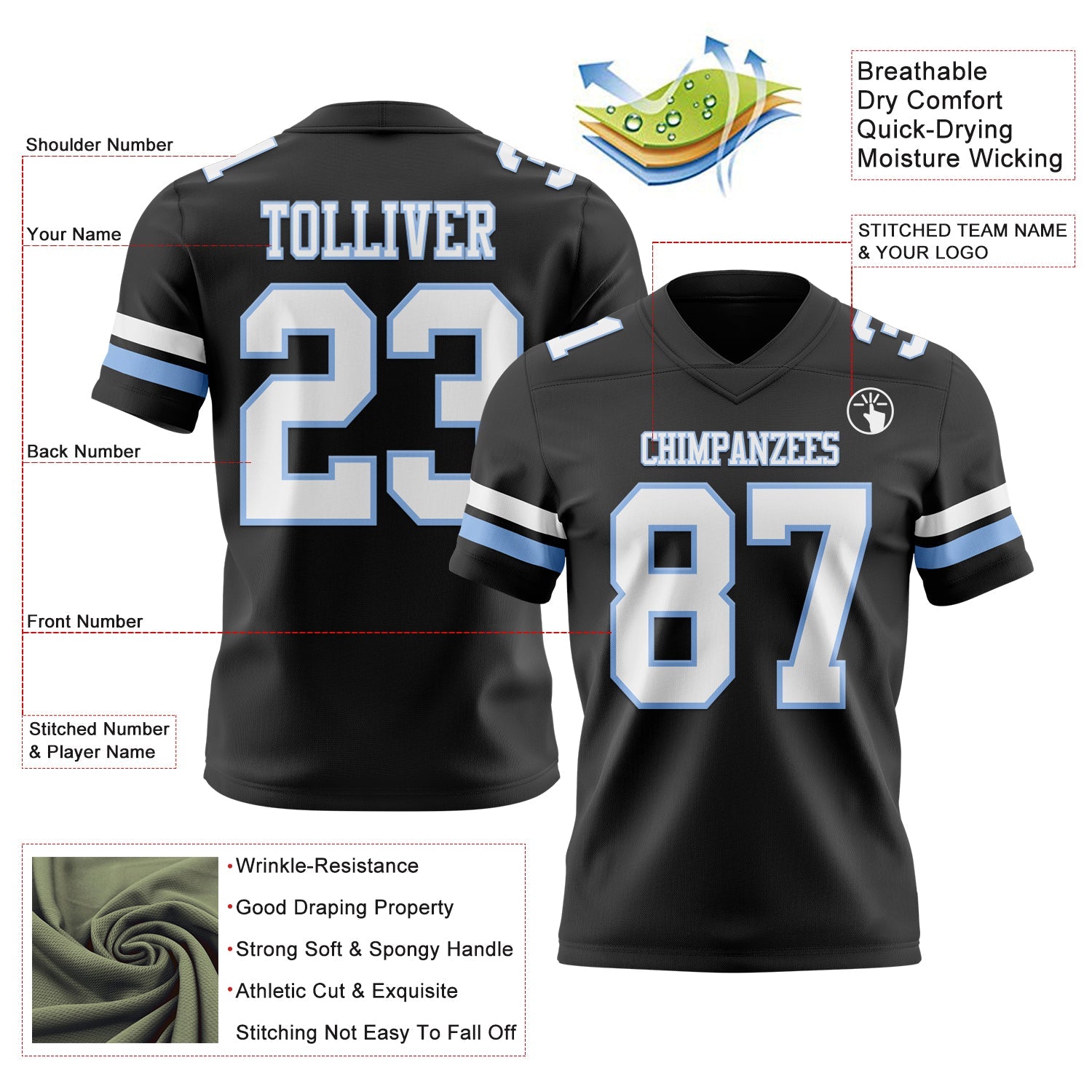 Custom Black White-Light Blue Authentic Football Jersey view 3