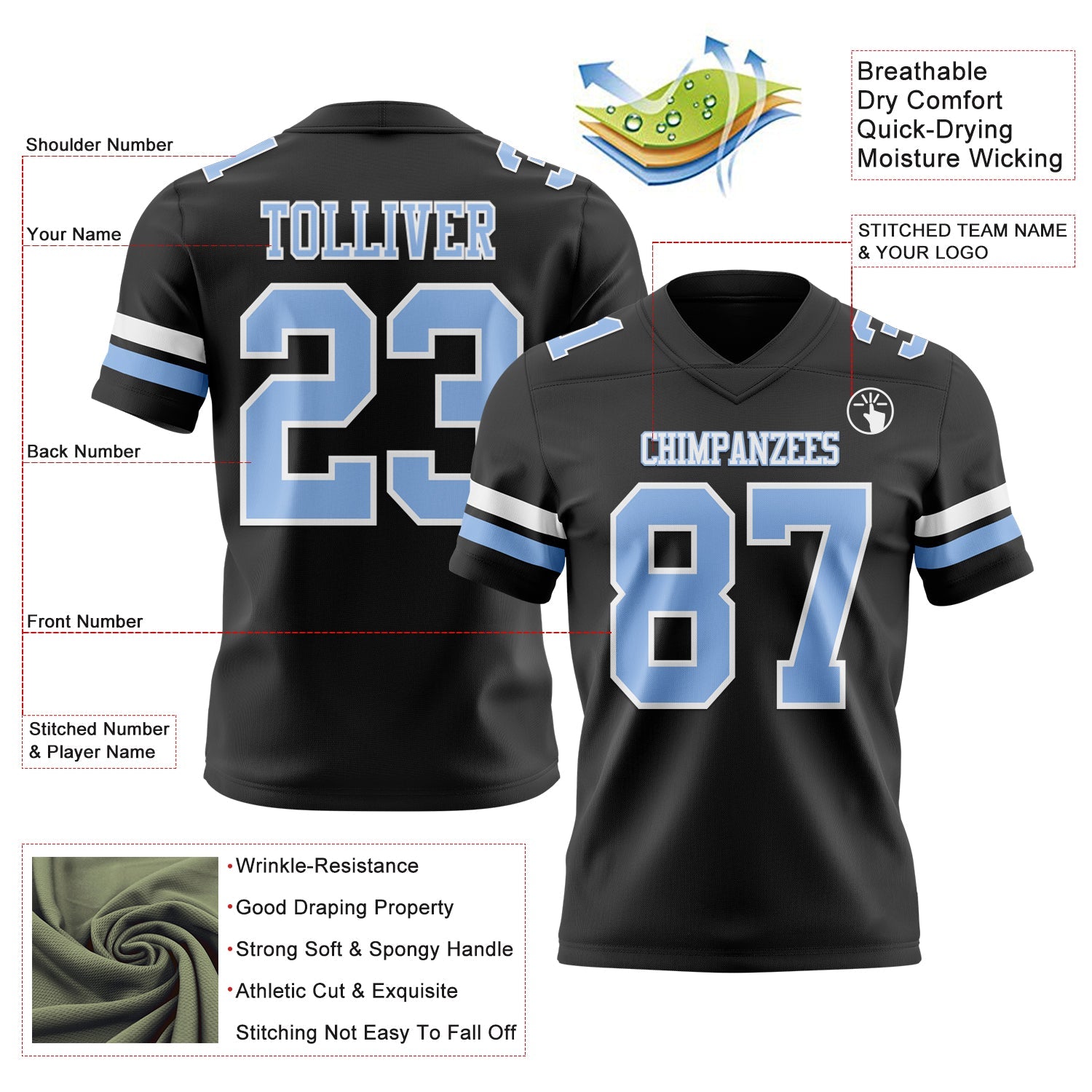 Custom Black Light Blue-White Authentic Football Jersey view 3