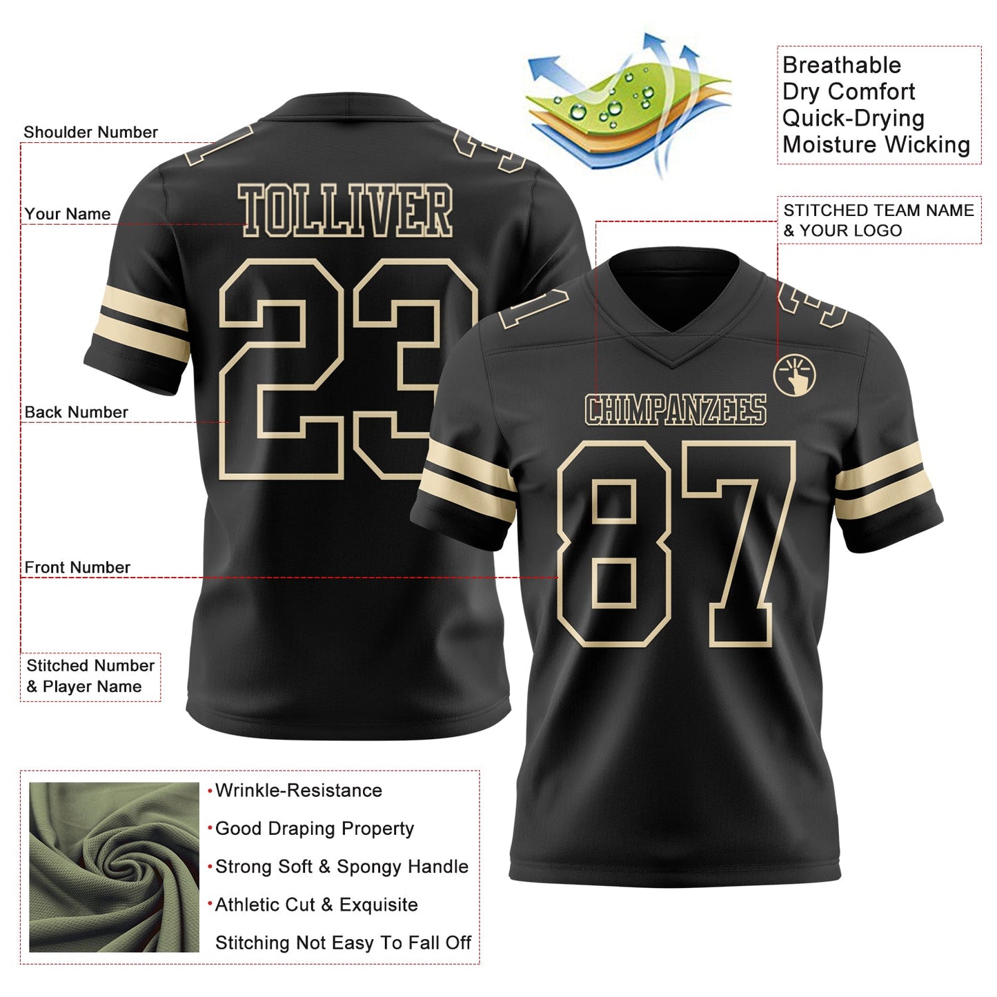 Custom Black Cream Authentic Football Jersey view 3