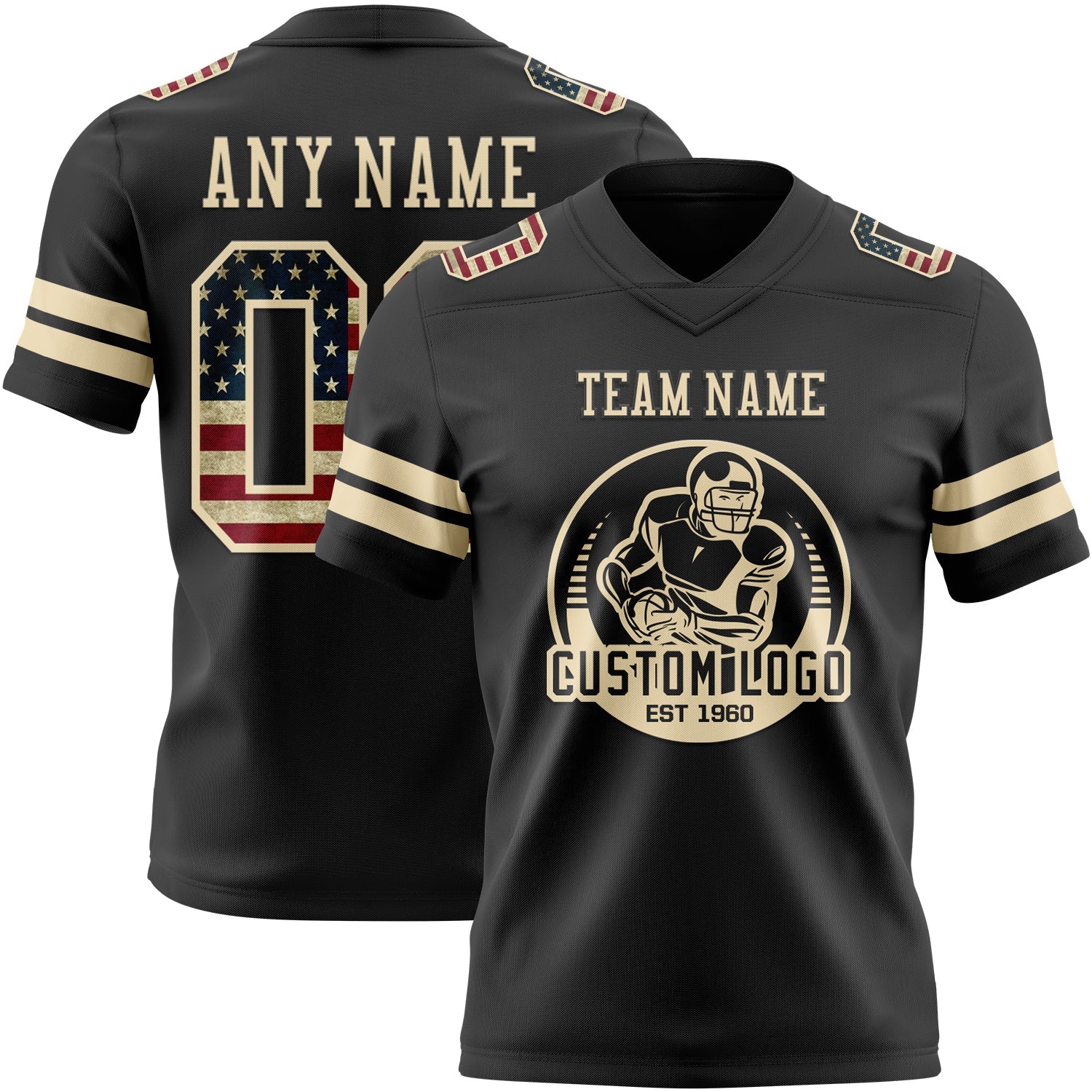 Custom Black Vintage USA Flag-Cream Authentic Football Jersey view 2