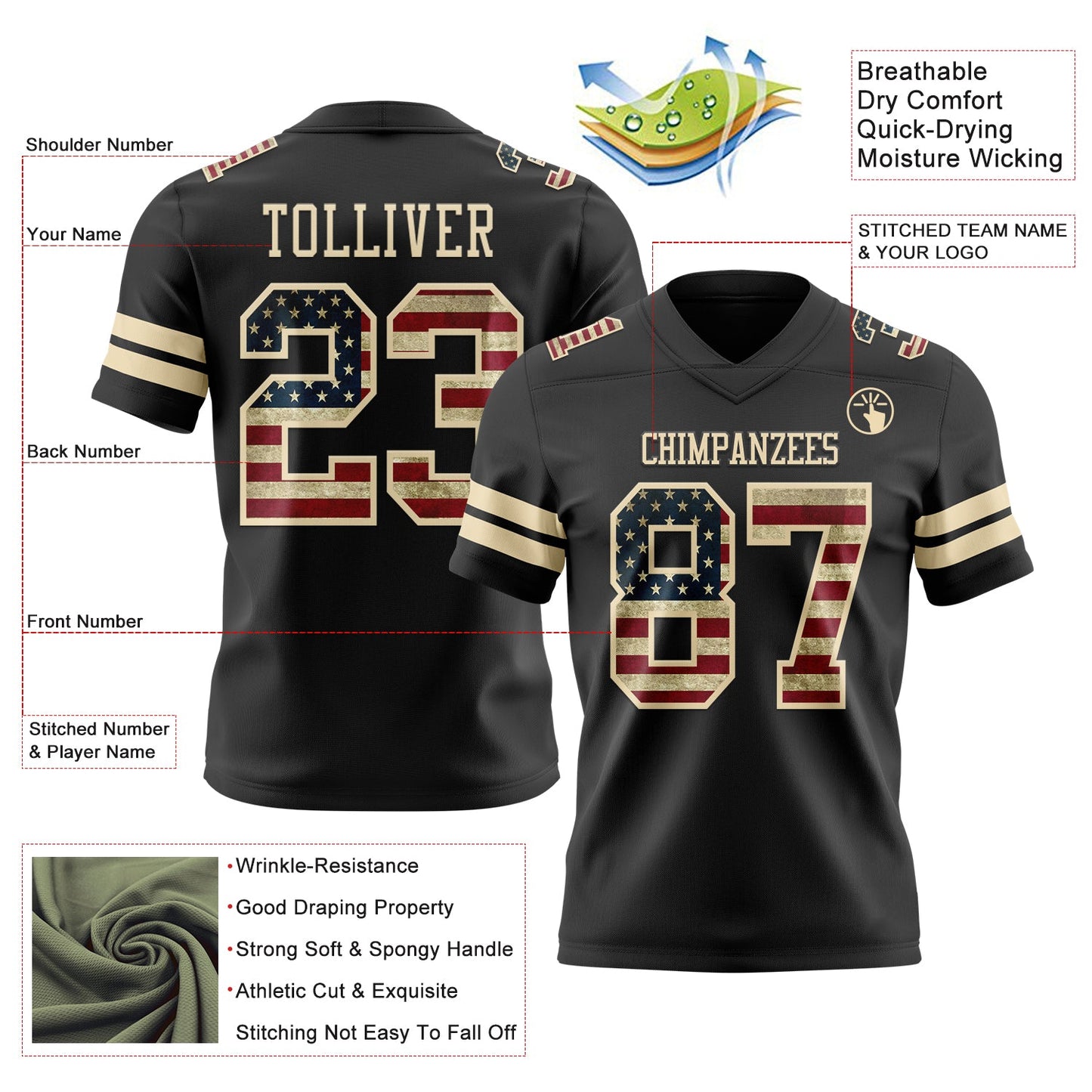 Custom Black Vintage USA Flag-Cream Authentic Football Jersey view 3