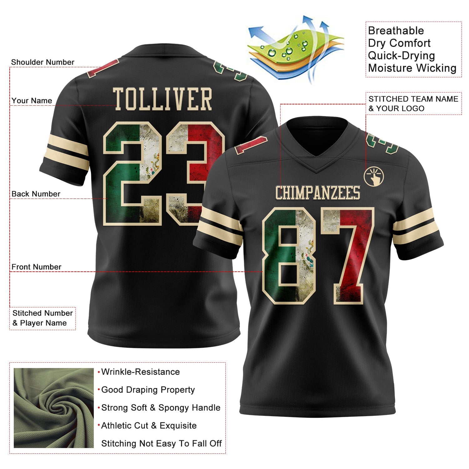 Custom Black Vintage Mexican Flag-Cream Authentic Football Jersey view 3