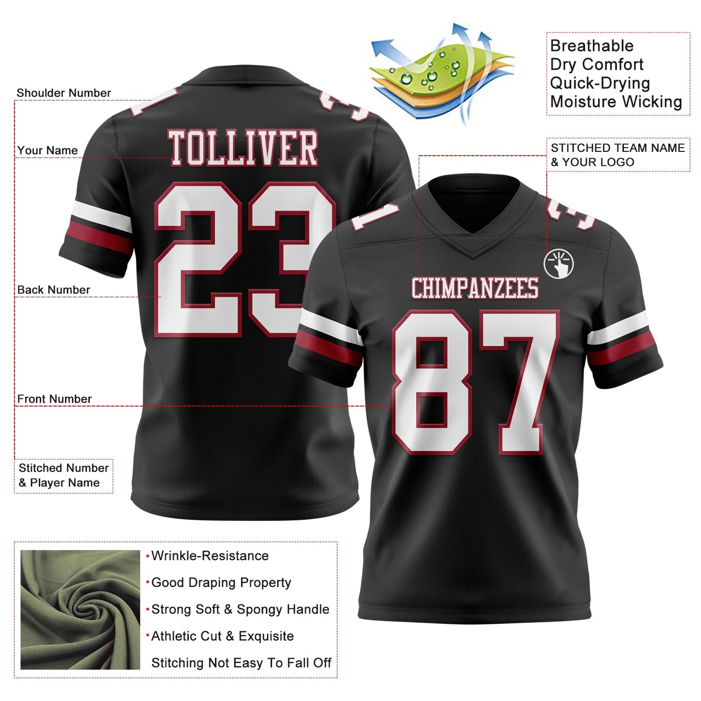 Custom Black White-Cardinal Authentic Football Jersey view 3
