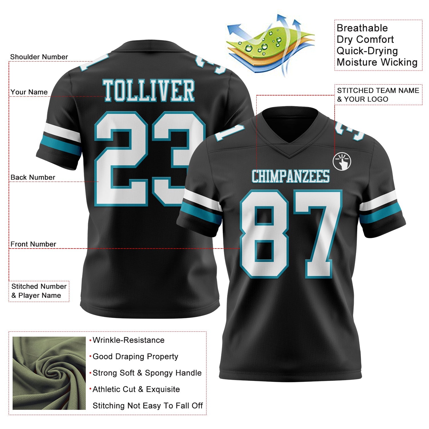 Custom Black White-Teal Authentic Football Jersey view 3