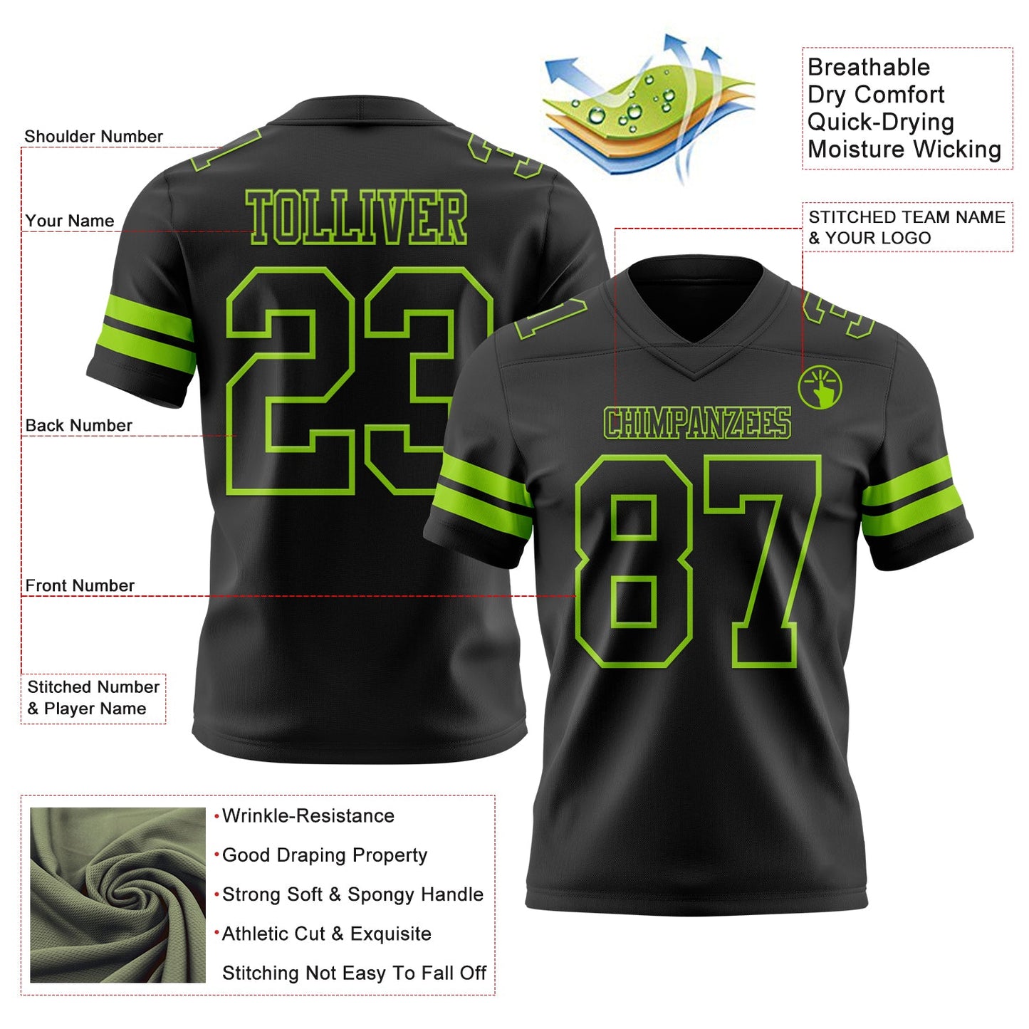 Custom Black Neon Green Authentic Football Jersey view 3