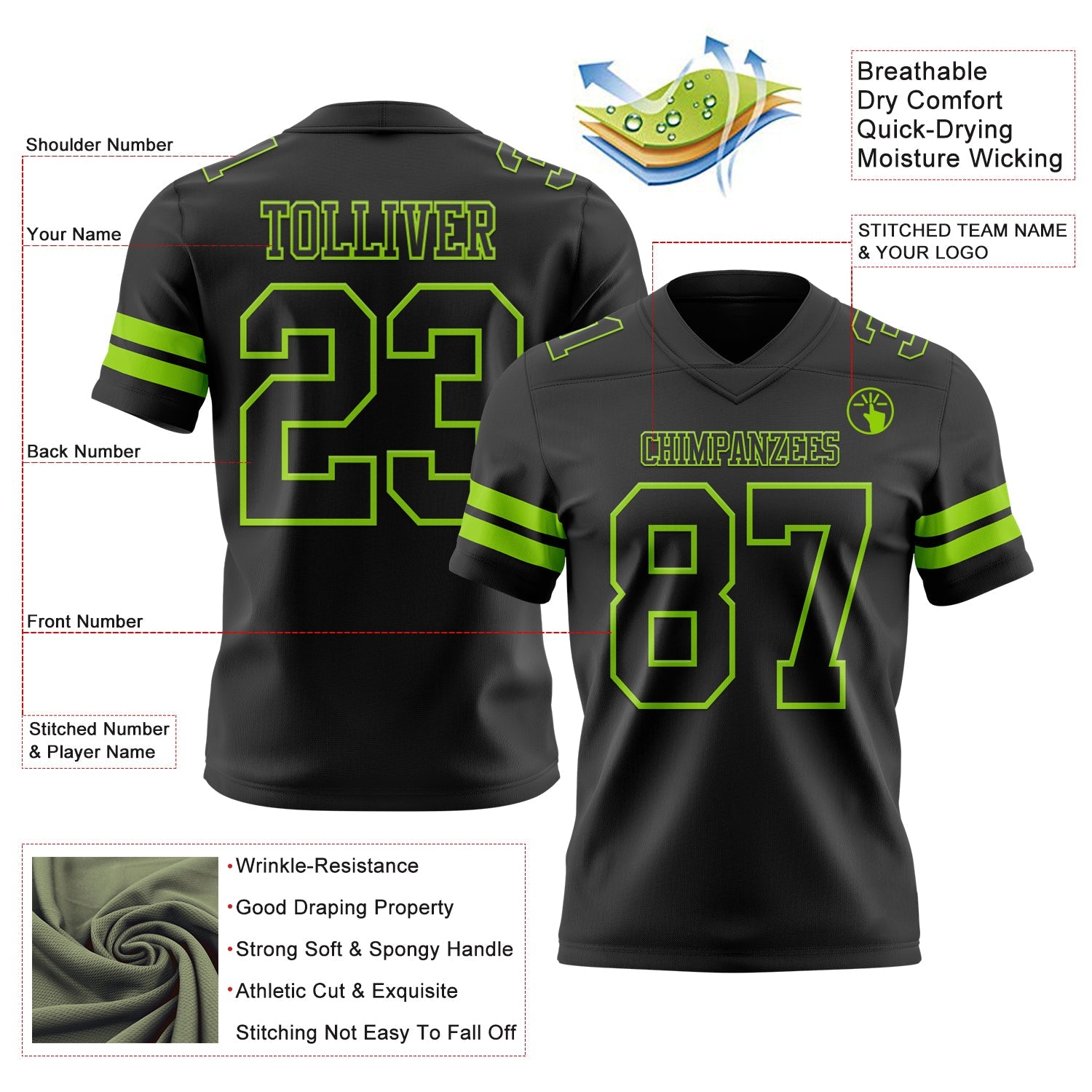 Custom Black Neon Green Authentic Football Jersey view 3