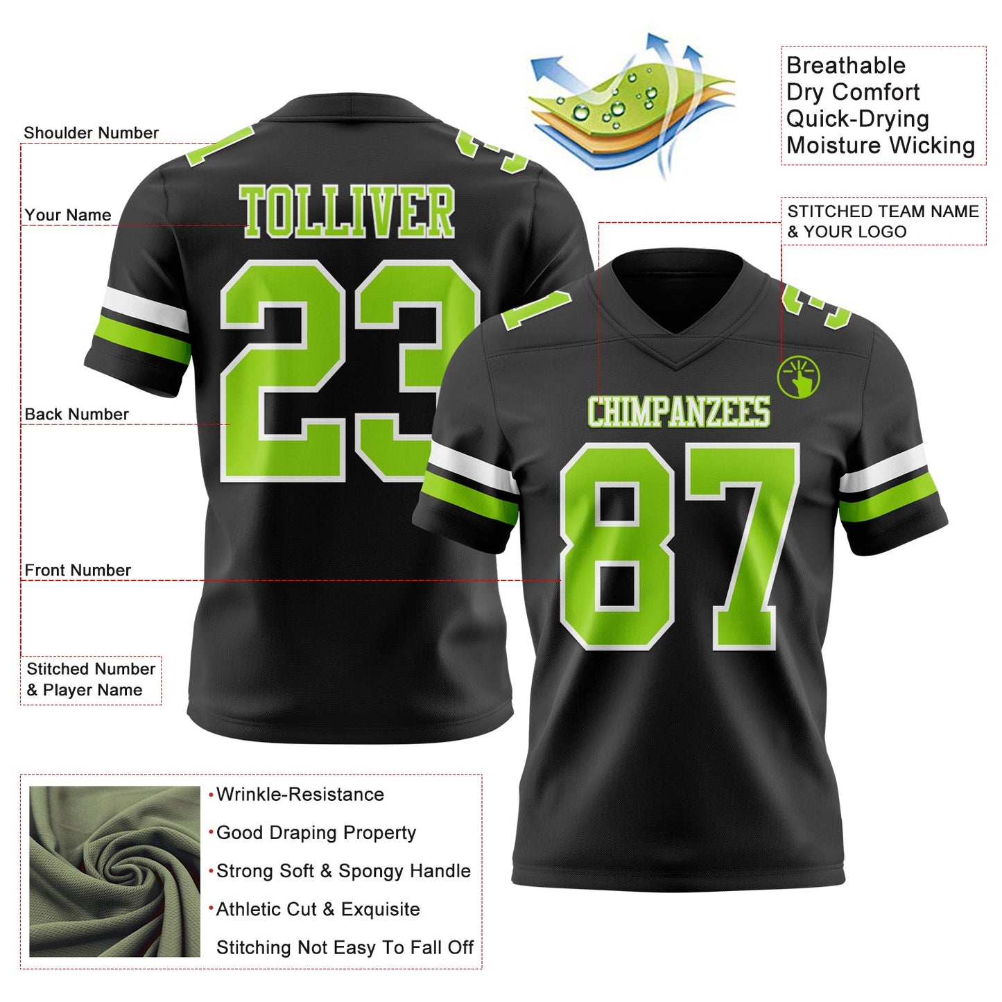 Custom Black Neon Green-White Authentic Football Jersey view 3