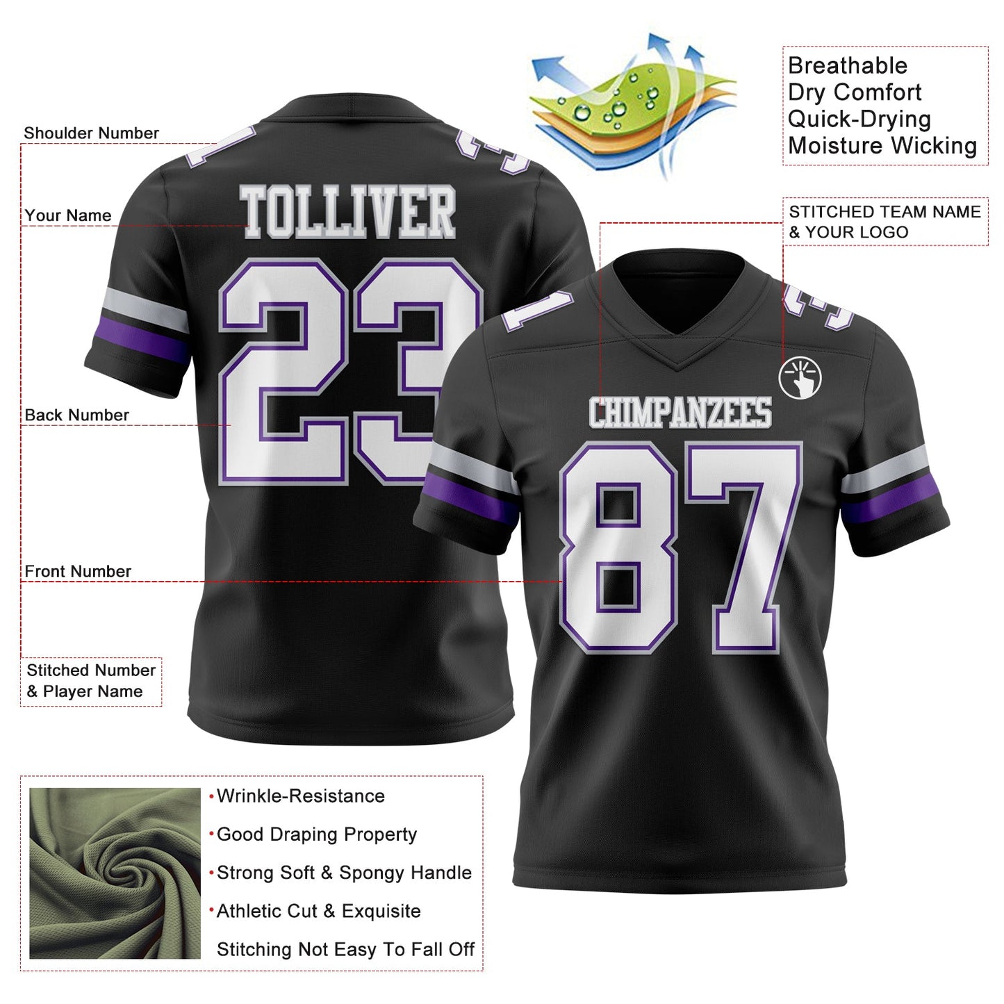 Custom Black White Purple-Gray Authentic Football Jersey view 3