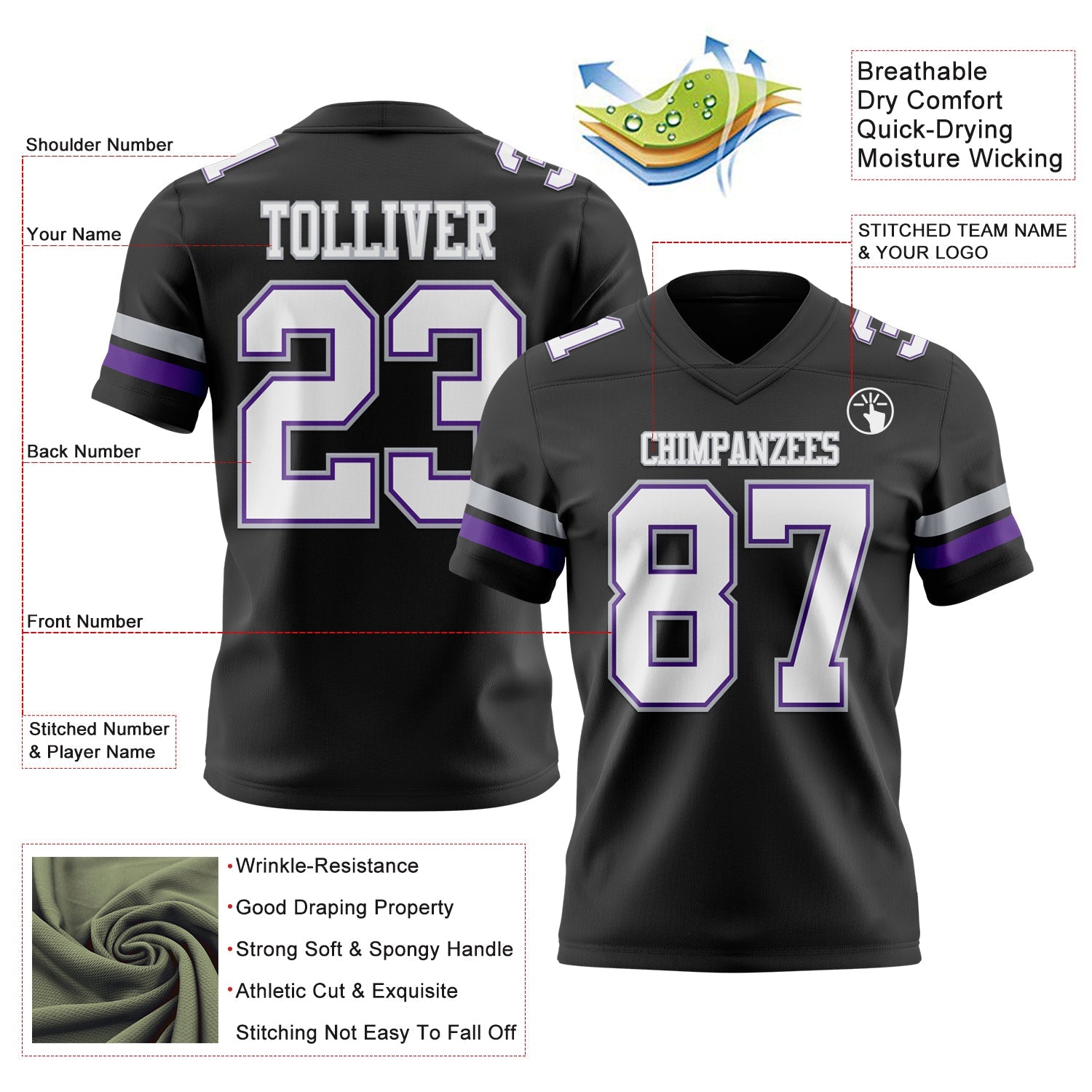 Custom Black White Purple-Gray Authentic Football Jersey view 3