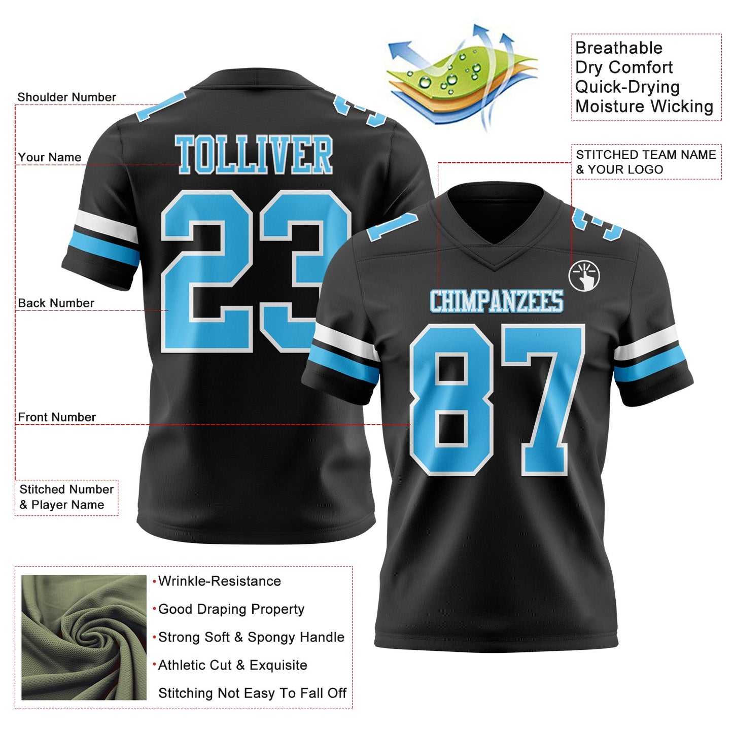 Custom Black Sky Blue-White Authentic Football Jersey view 3
