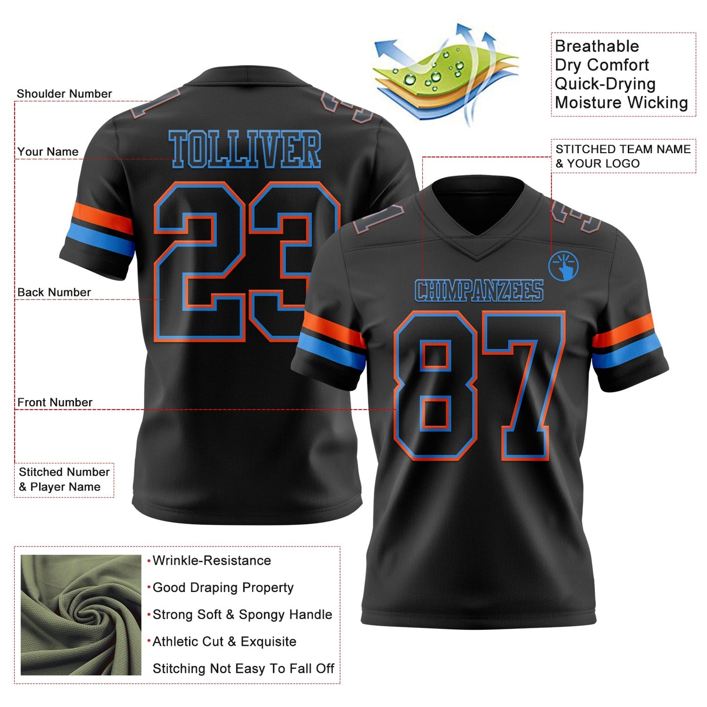 Custom Black Powder Blue-Orange Authentic Football Jersey view 3