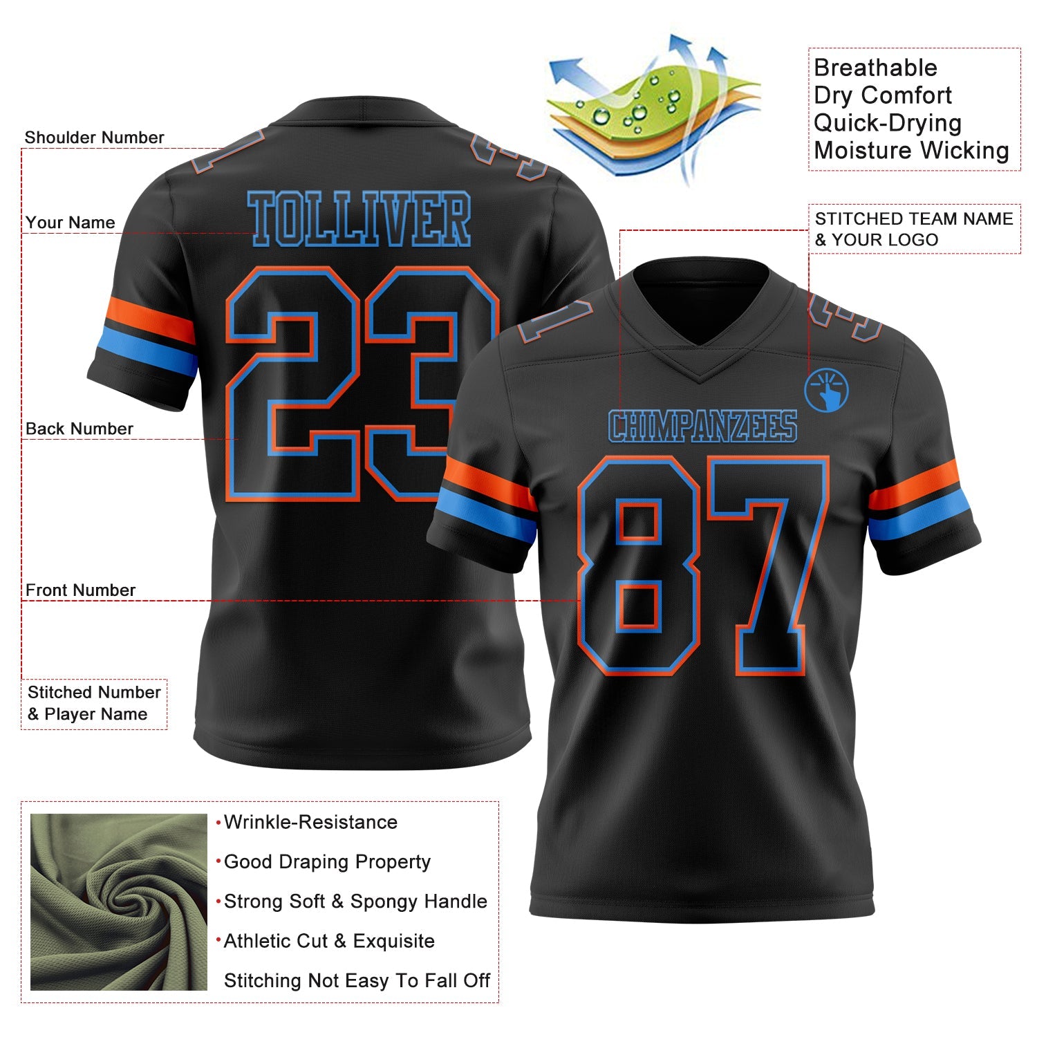Custom Black Powder Blue-Orange Authentic Football Jersey view 3