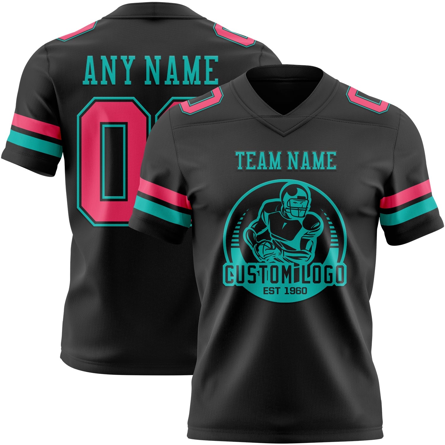 Custom Black Neon Pink-Aqua Authentic Football Jersey view 2