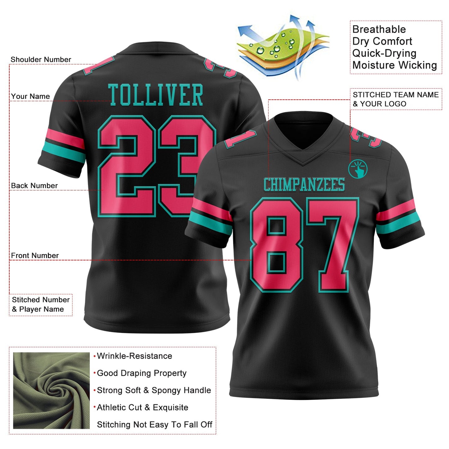 Custom Black Neon Pink-Aqua Authentic Football Jersey view 3