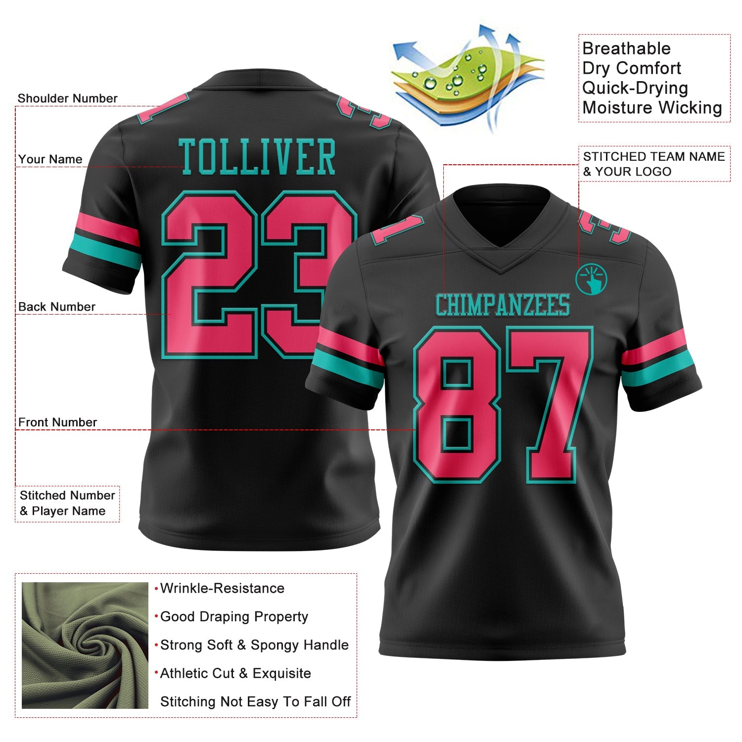 Custom Black Neon Pink-Aqua Authentic Football Jersey view 3