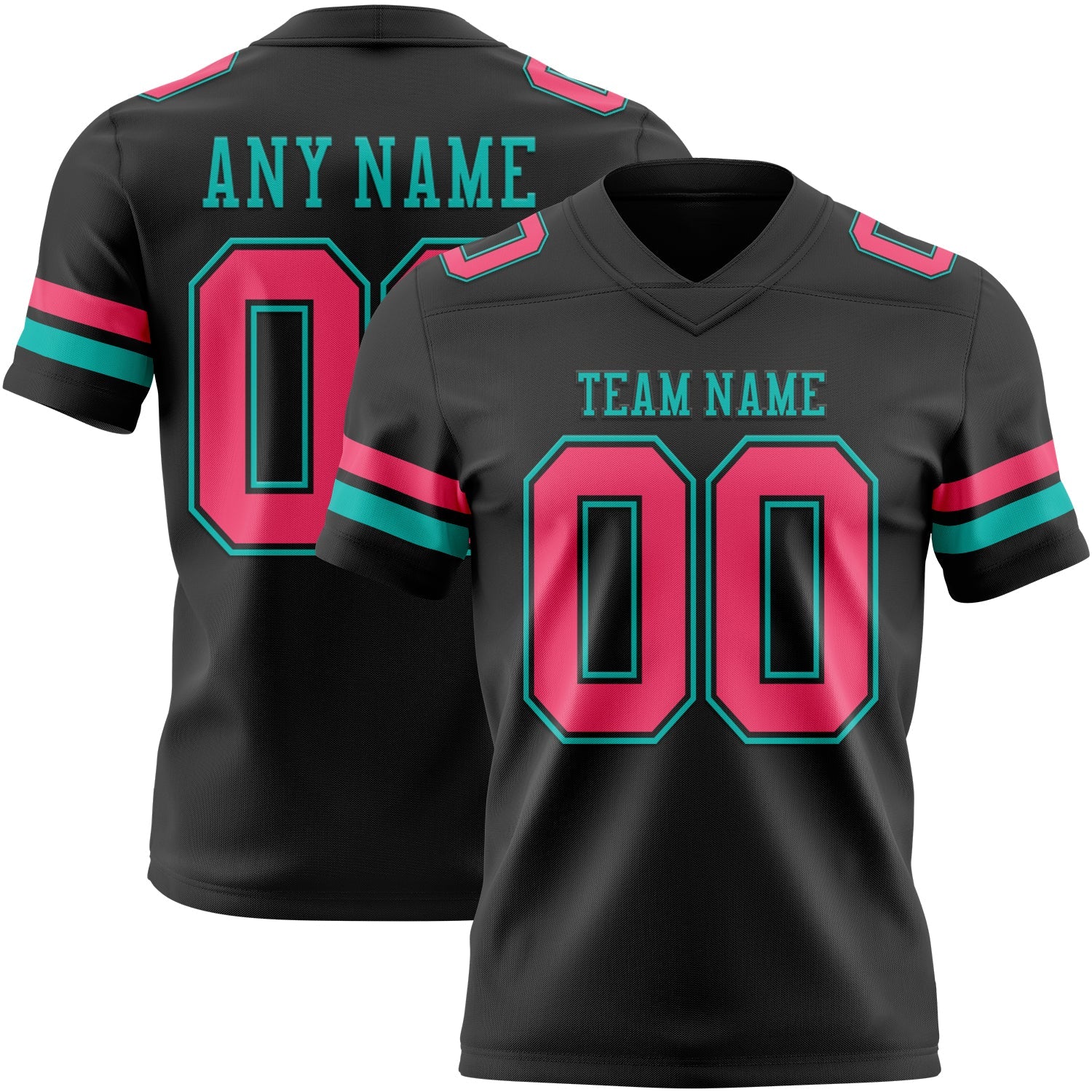 Custom Black Neon Pink-Aqua Authentic Football Jersey - Main View