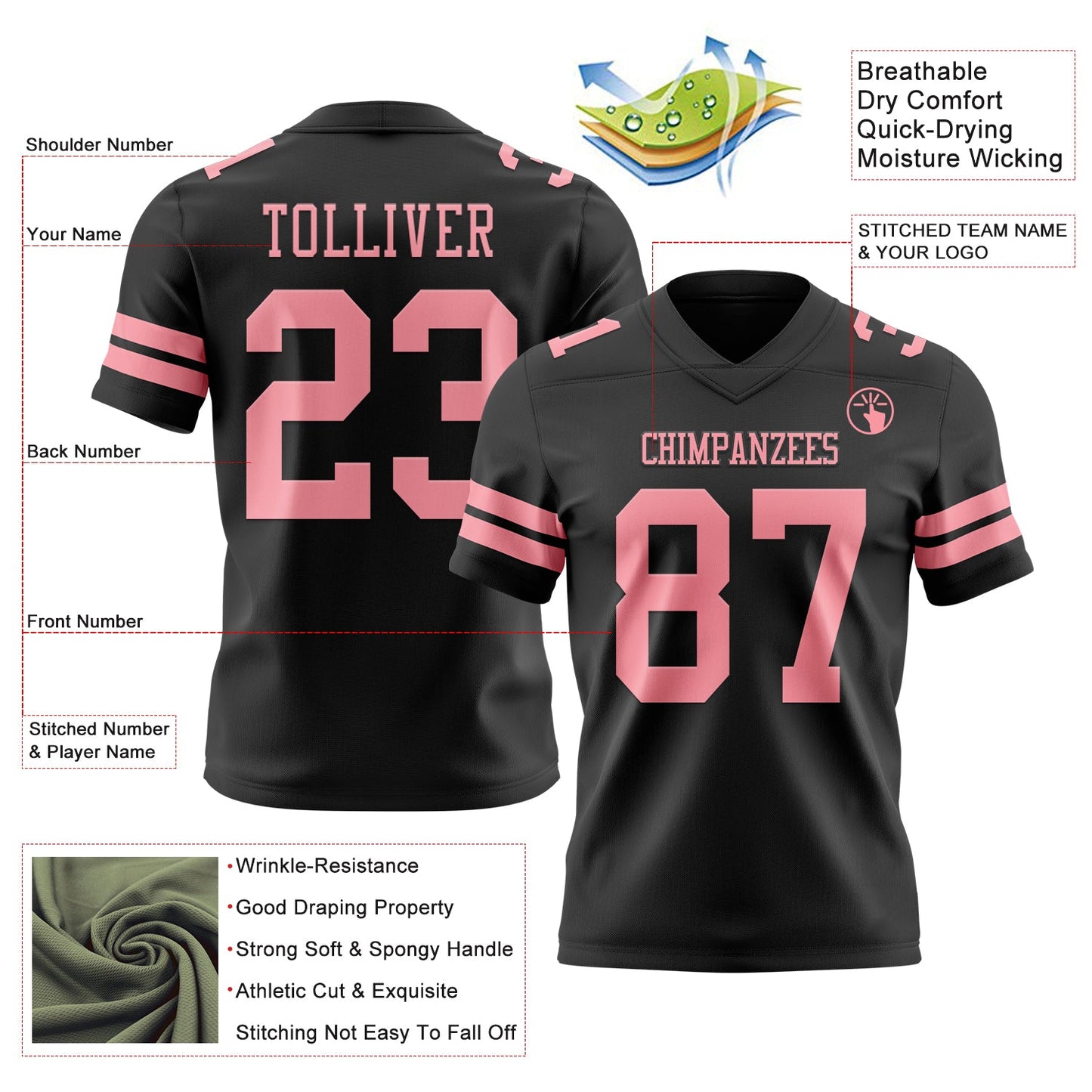 Custom Black Medium Pink Authentic Football Jersey view 3