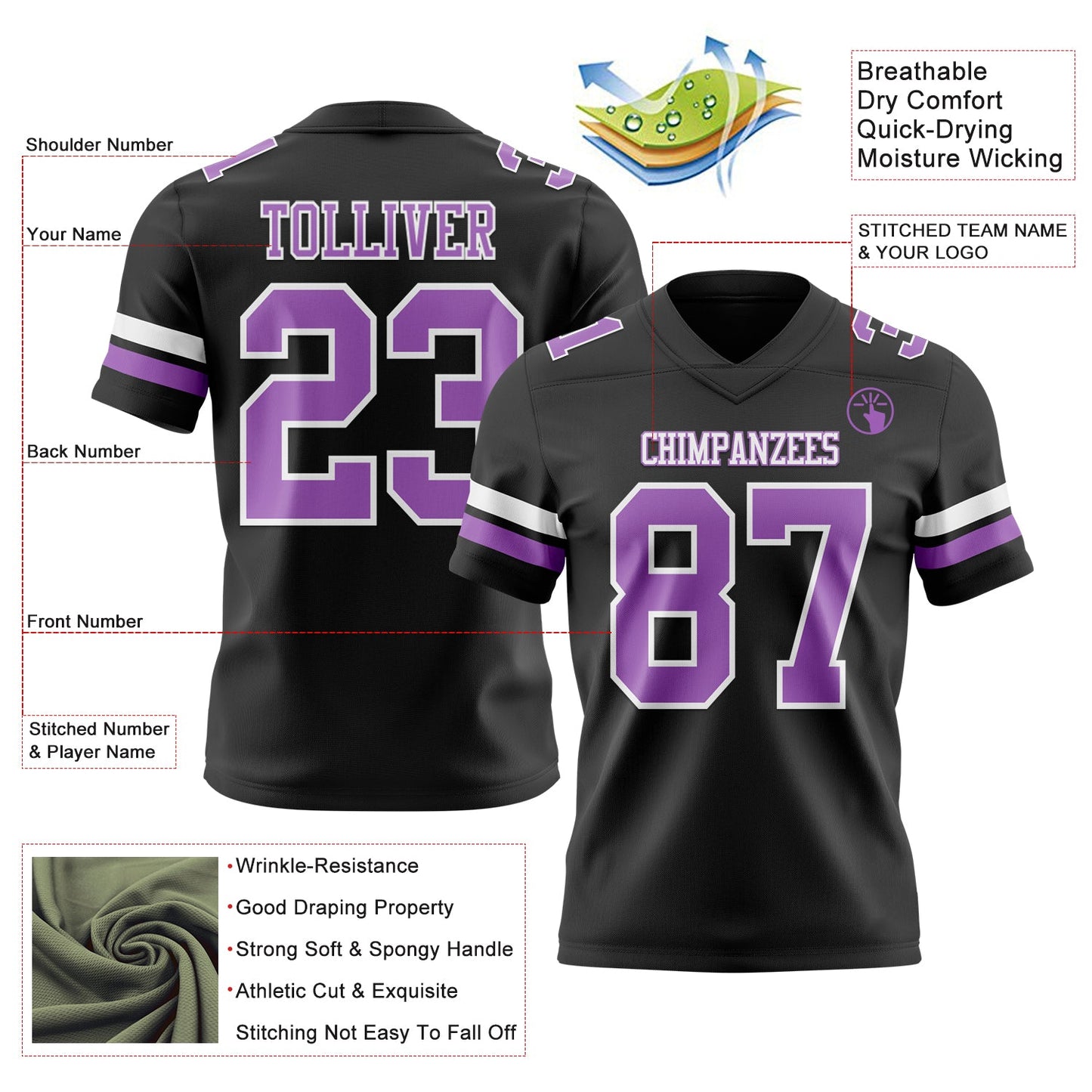 Custom Black Medium Purple-White Authentic Football Jersey view 3