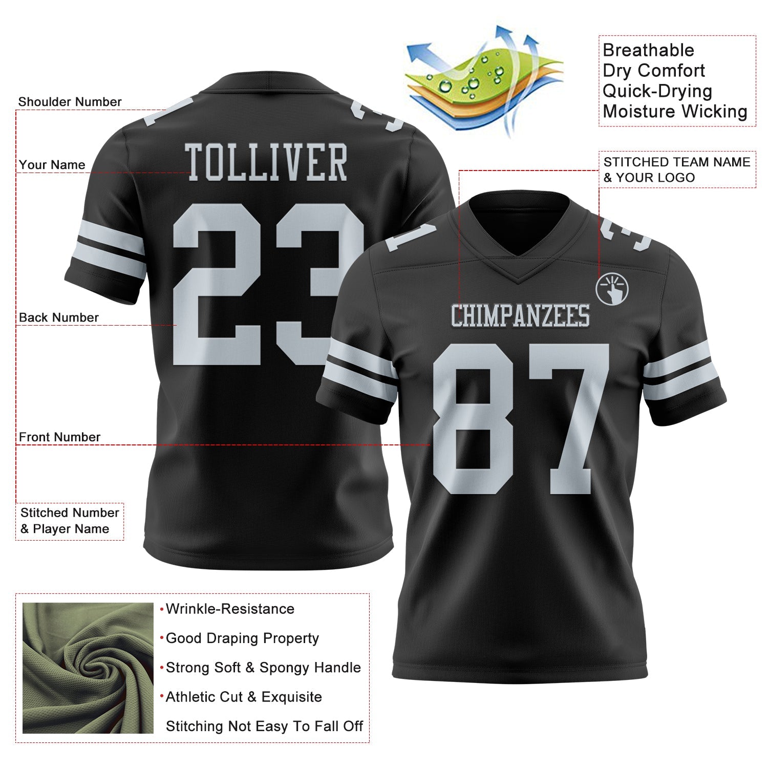 Custom Black Silver Authentic Football Jersey view 3