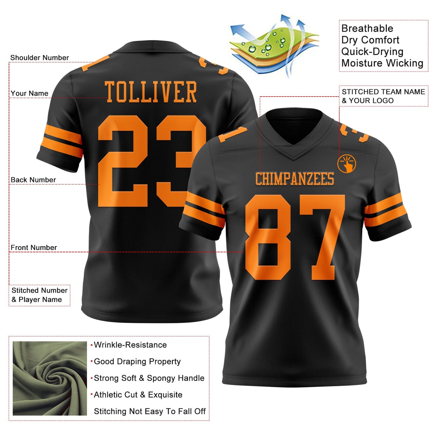 Custom Black Bay Orange Authentic Football Jersey view 3