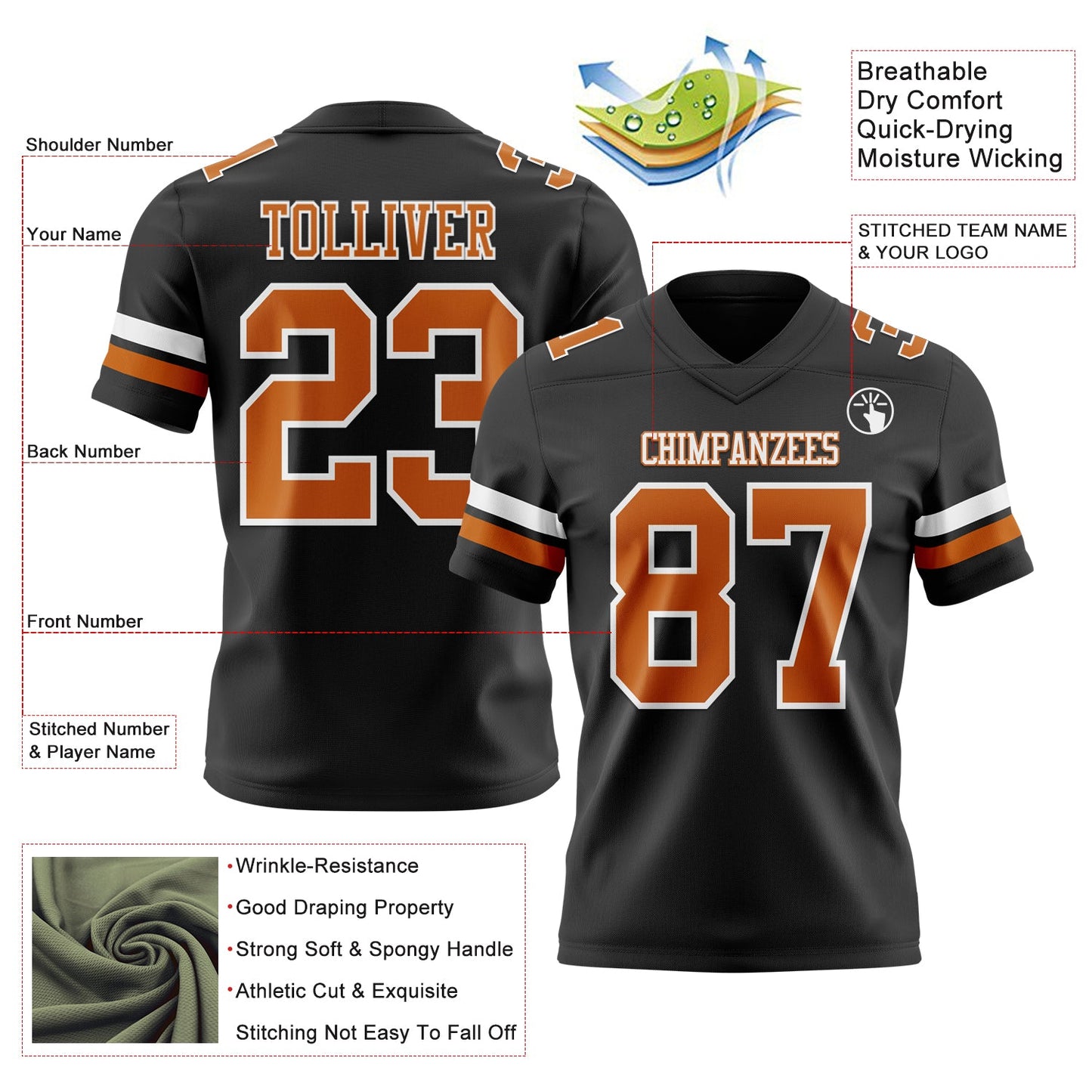 Custom Black Texas Orange-White Authentic Football Jersey view 3