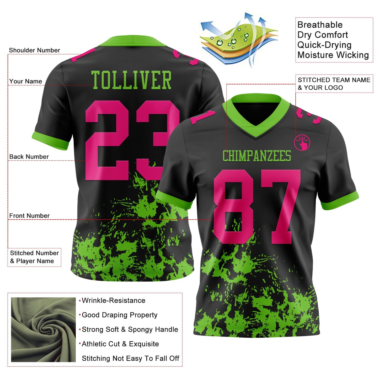 Custom Black Hot Pink-Aurora Green 3D Pattern Splash Authentic Football Jersey view 3