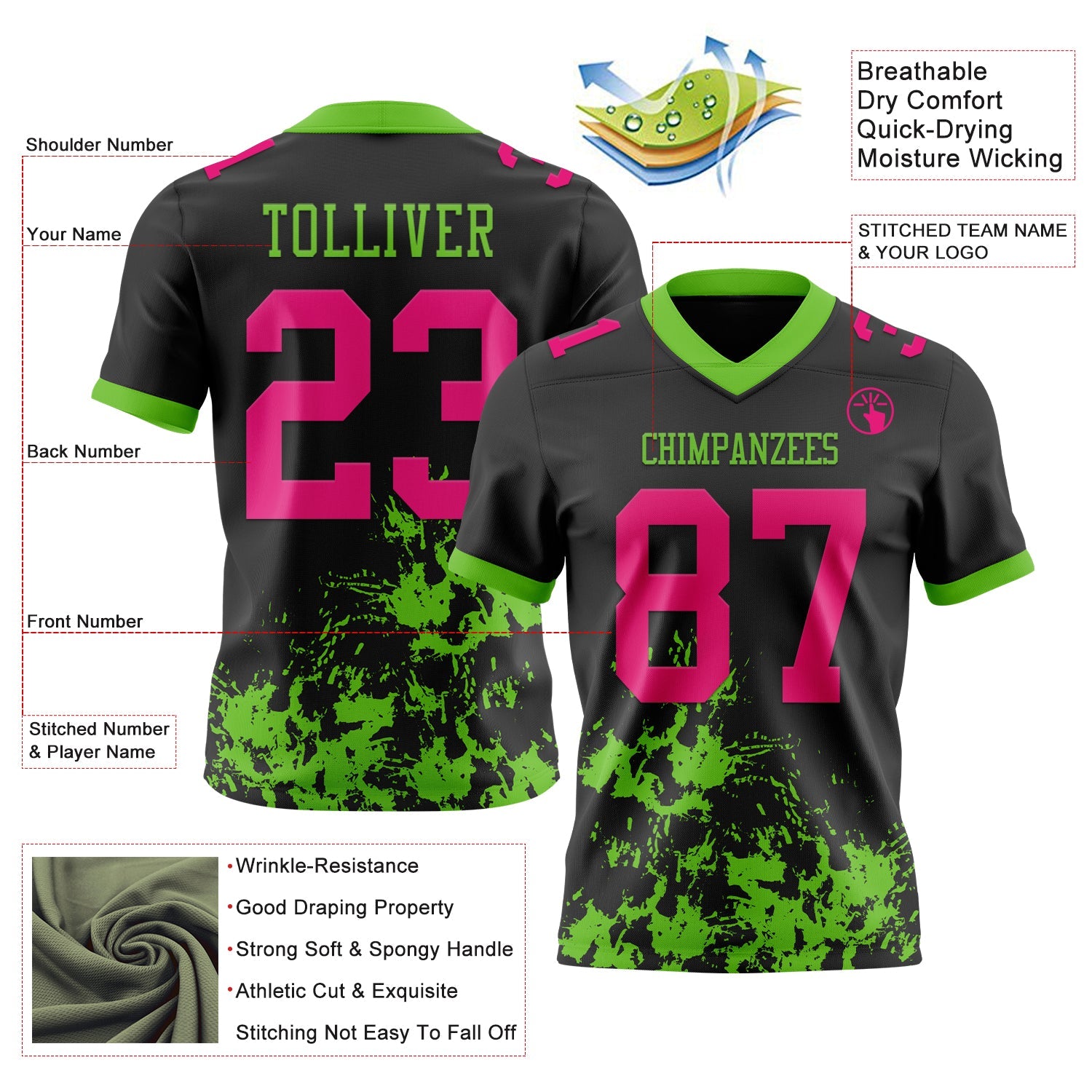Custom Black Hot Pink-Aurora Green 3D Pattern Splash Authentic Football Jersey view 3