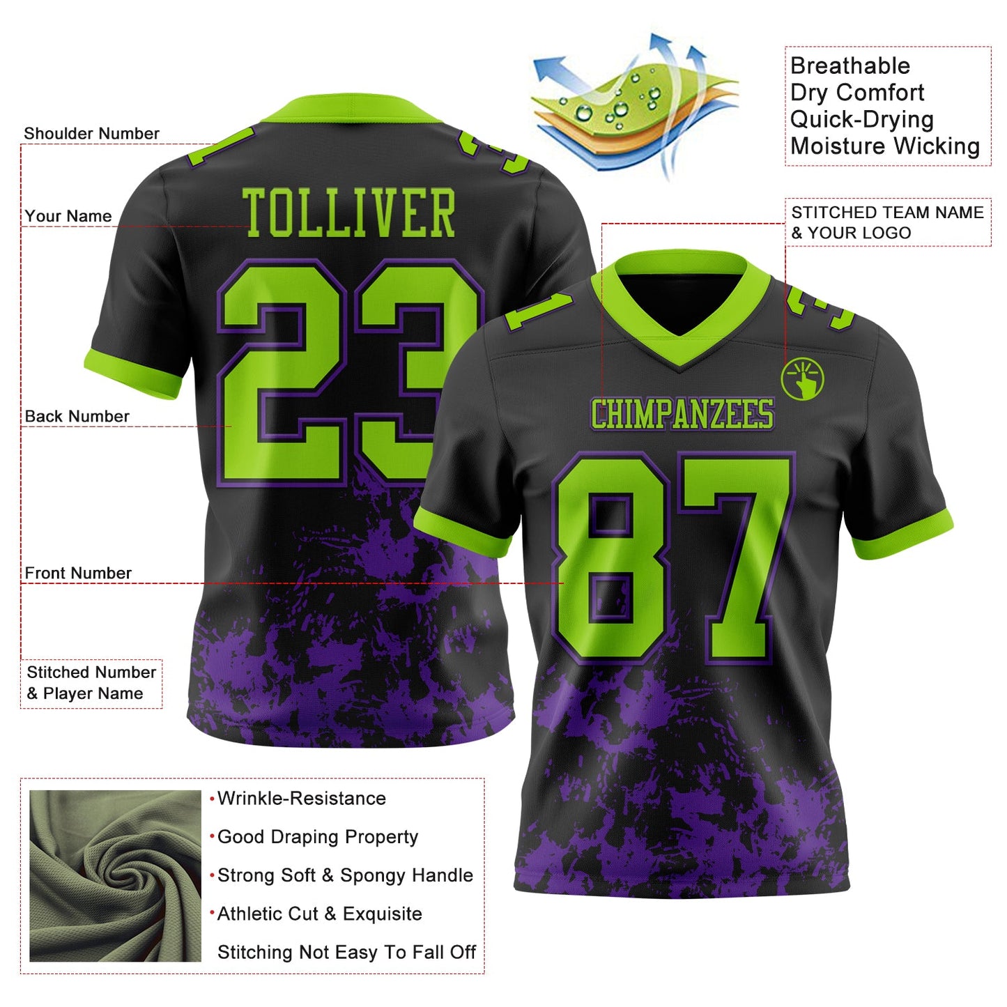Custom Black Neon Green-Purple 3D Pattern Splash Authentic Football Jersey view 3