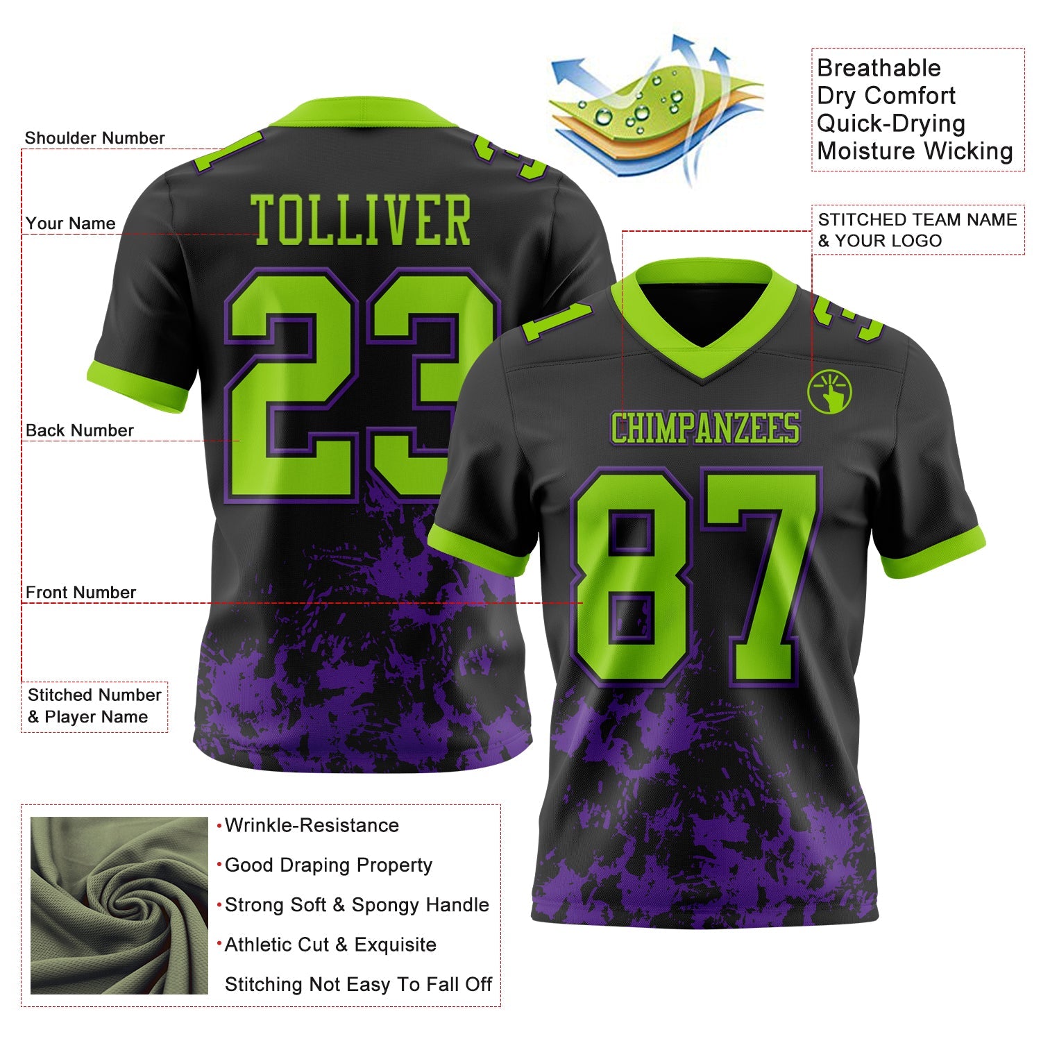 Custom Black Neon Green-Purple 3D Pattern Splash Authentic Football Jersey view 3