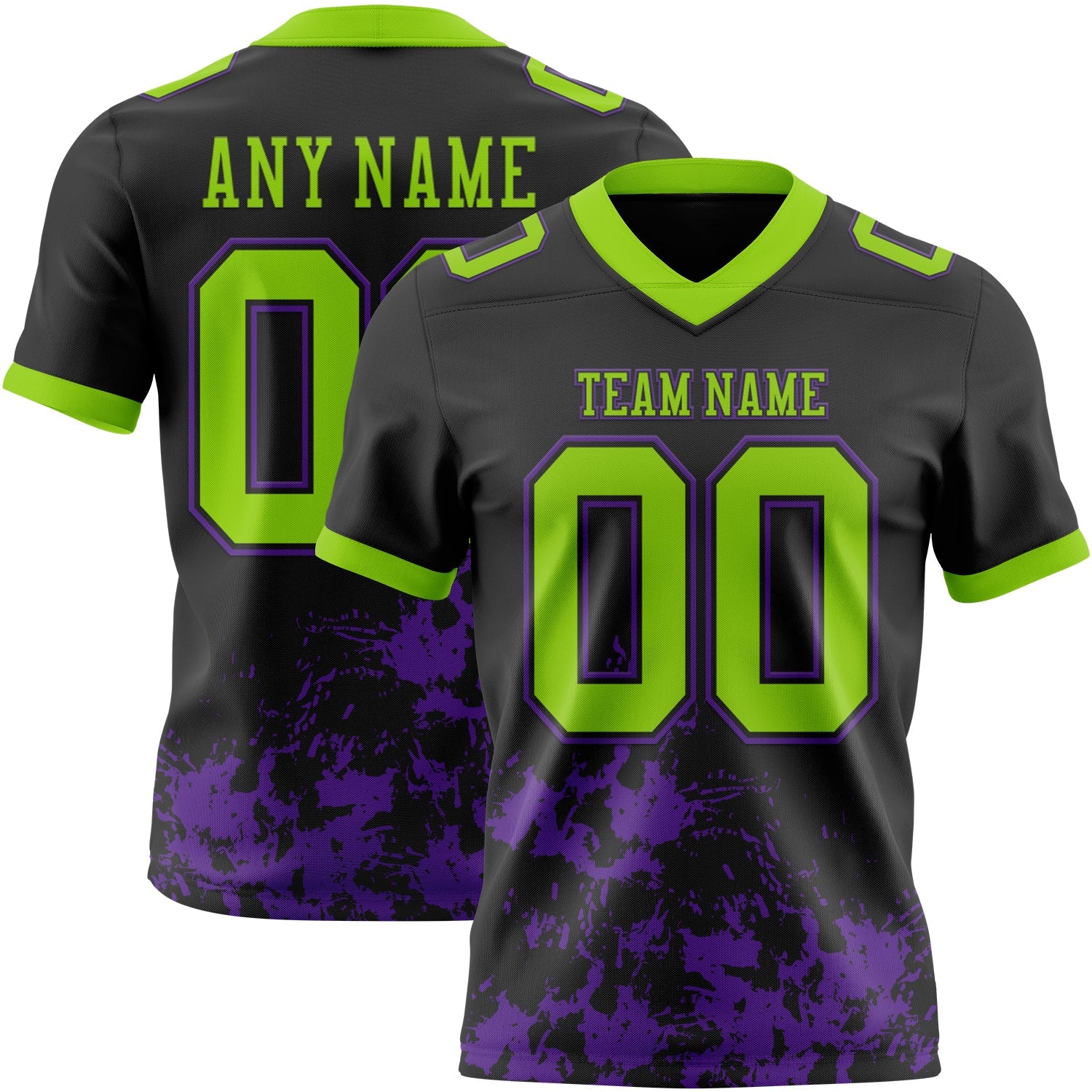 Custom Black Neon Green-Purple 3D Pattern Splash Authentic Football Jersey - Main View