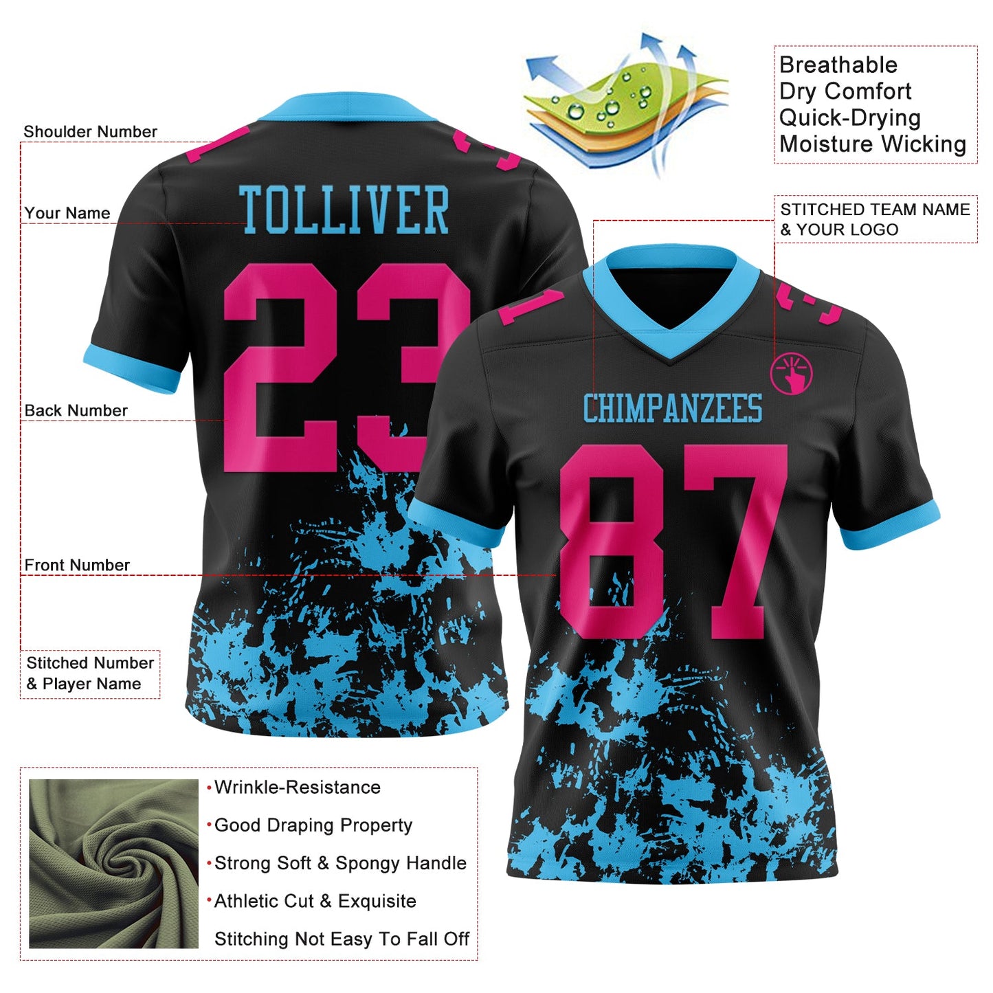 Custom Black Hot Pink-Sky Blue 3D Pattern Splash Authentic Football Jersey view 3