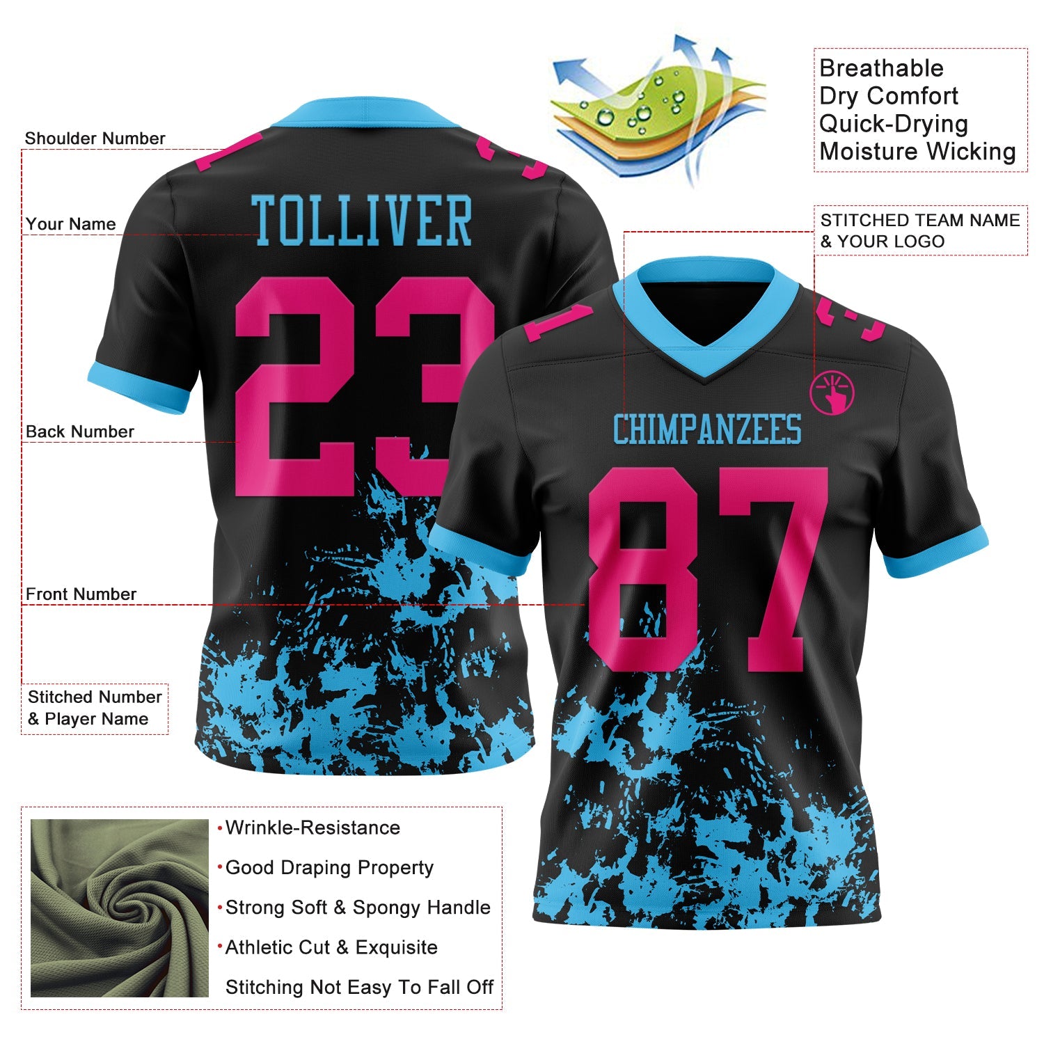 Custom Black Hot Pink-Sky Blue 3D Pattern Splash Authentic Football Jersey view 3