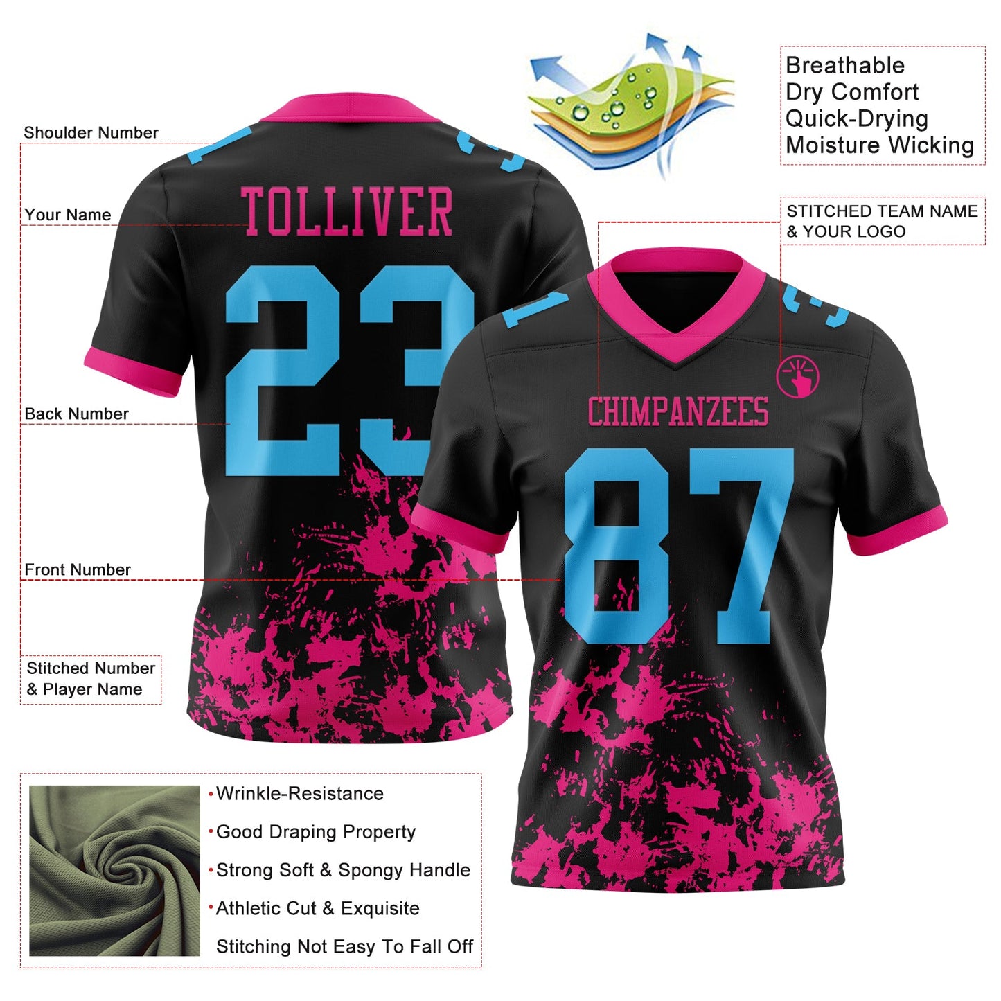 Custom Black Sky Blue-Hot Pink 3D Pattern Splash Authentic Football Jersey view 3