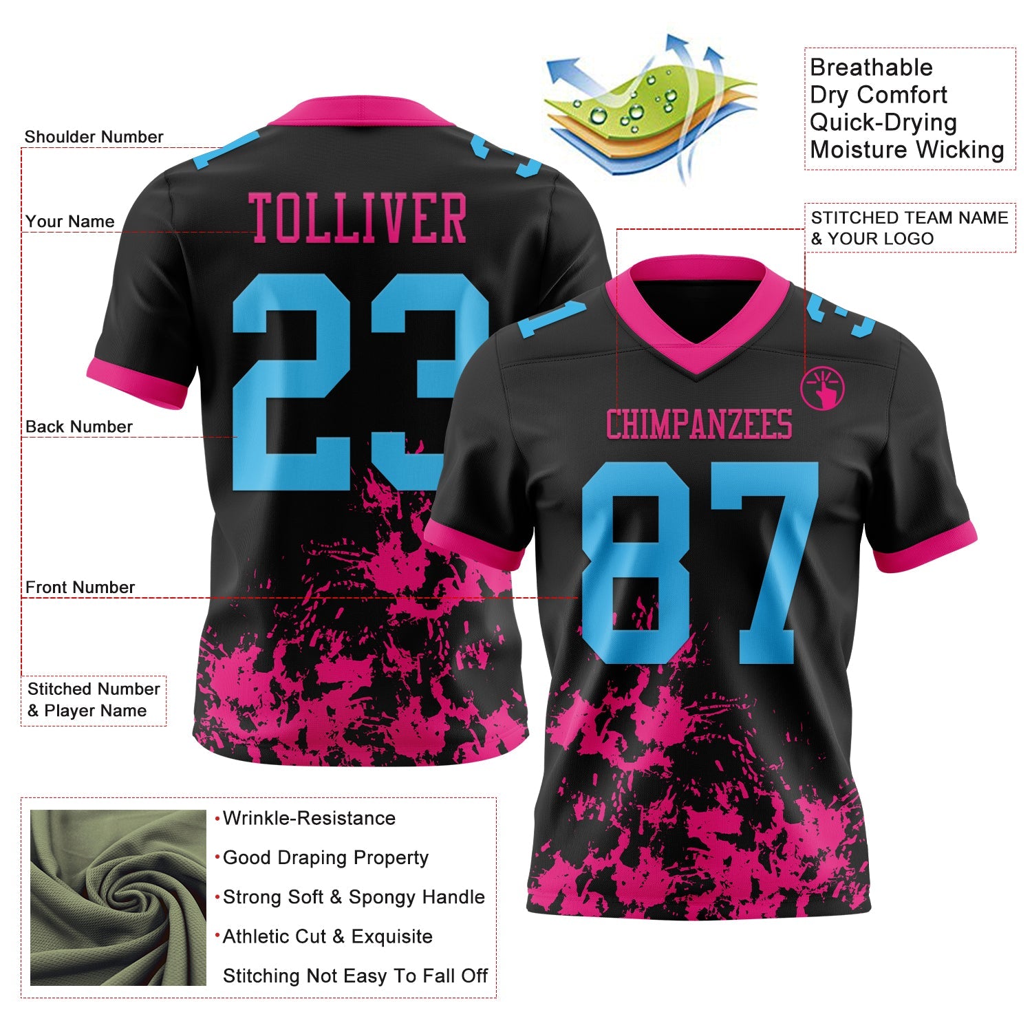 Custom Black Sky Blue-Hot Pink 3D Pattern Splash Authentic Football Jersey view 3