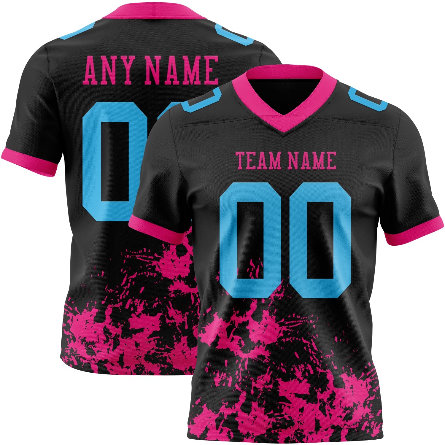 Custom Black Sky Blue-Hot Pink 3D Pattern Splash Authentic Football Jersey - Main View