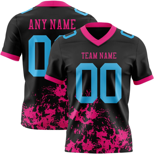 Custom Black Sky Blue-Hot Pink 3D Pattern Splash Authentic Football Jersey - Main View