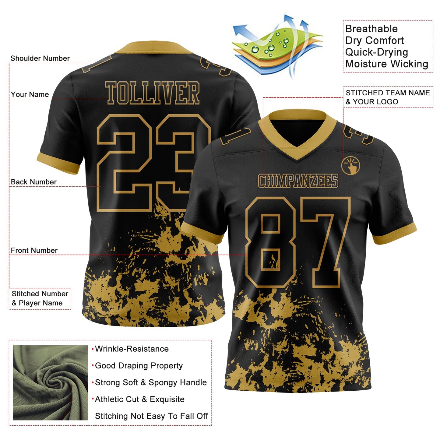 Custom Black Old Gold 3D Pattern Splash Authentic Football Jersey view 3