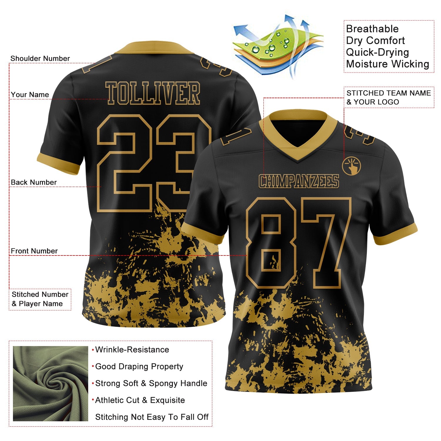Custom Black Old Gold 3D Pattern Splash Authentic Football Jersey view 3