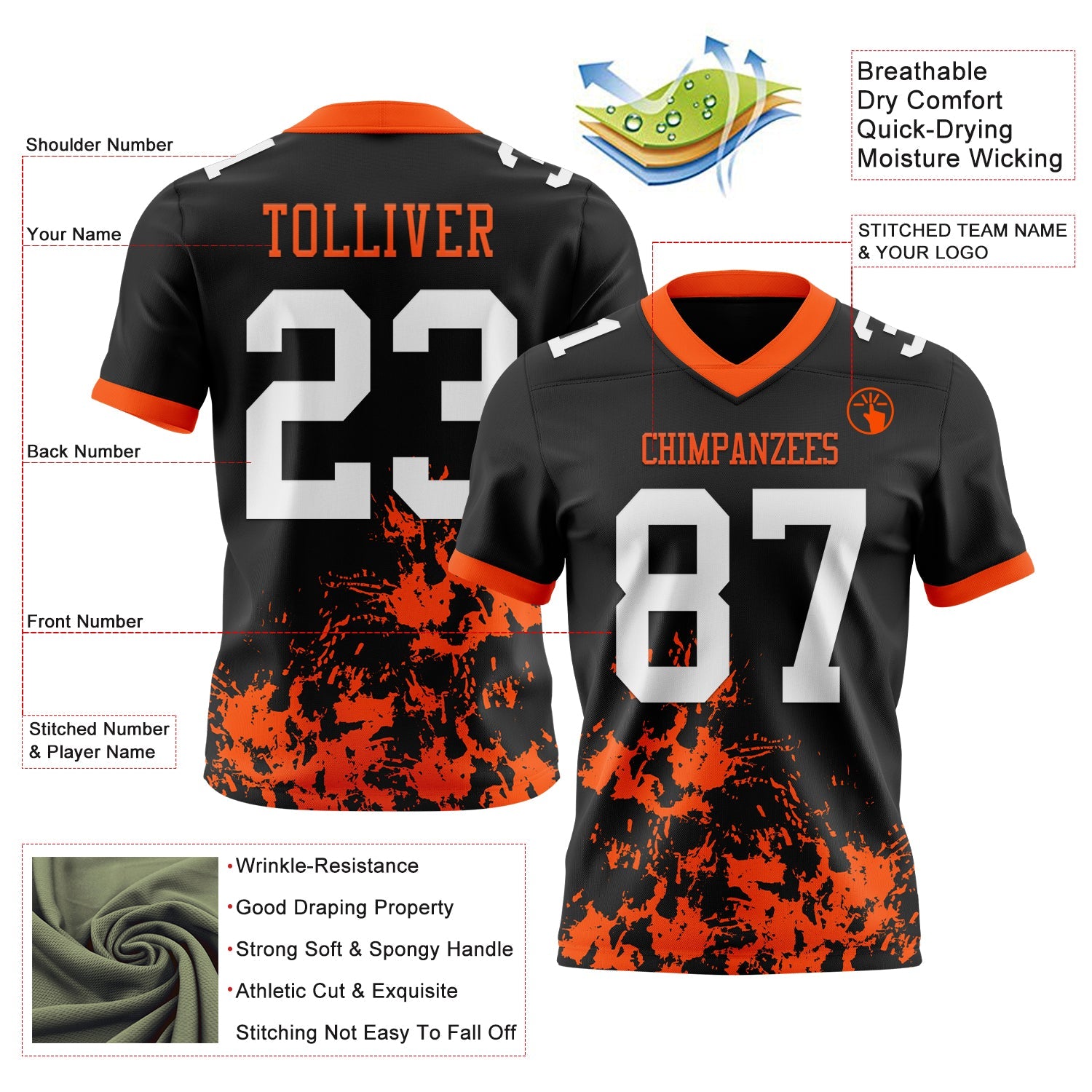Custom Black White-Orange 3D Pattern Splash Authentic Football Jersey view 3