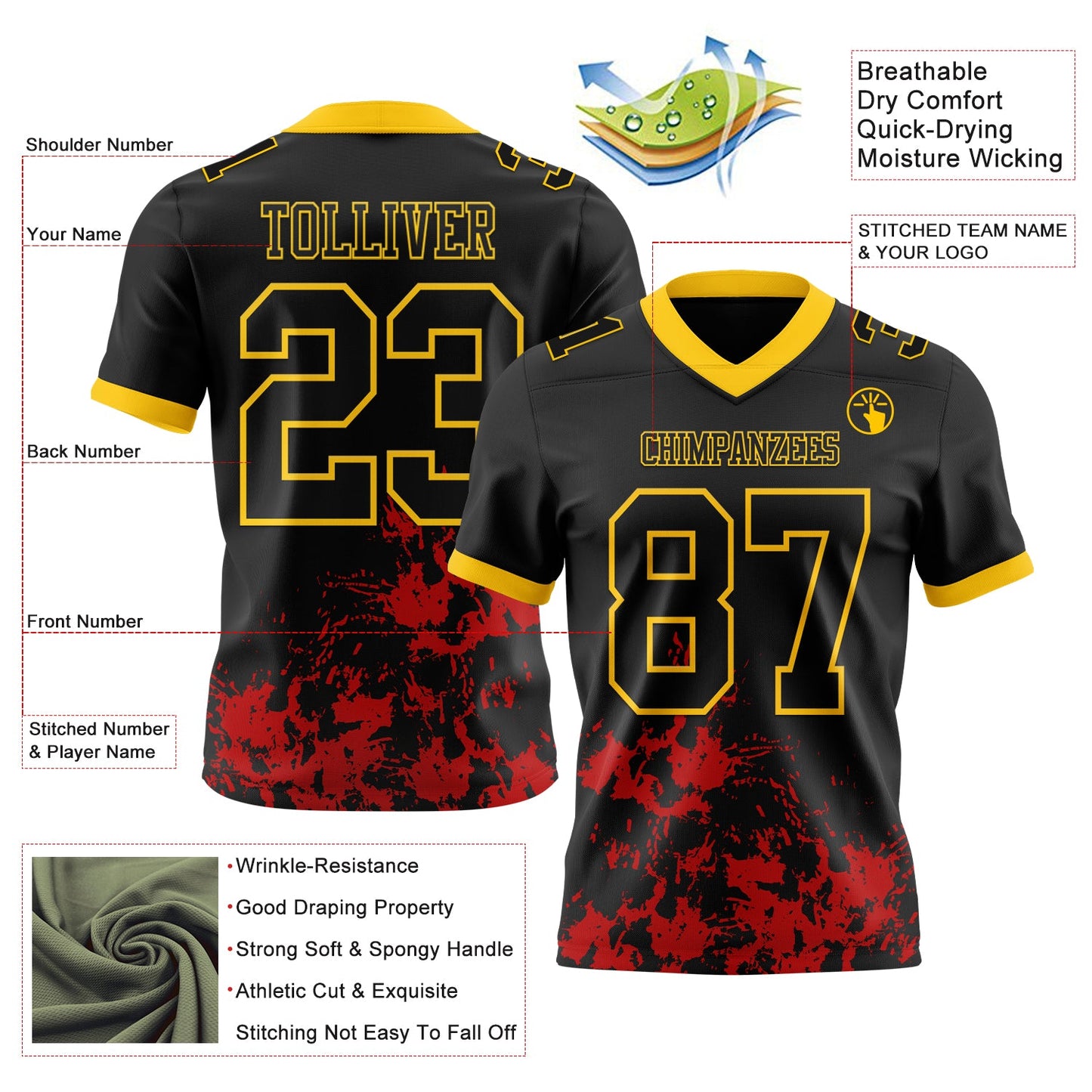 Custom Black Red-Yellow 3D Pattern Splash Authentic Football Jersey view 3