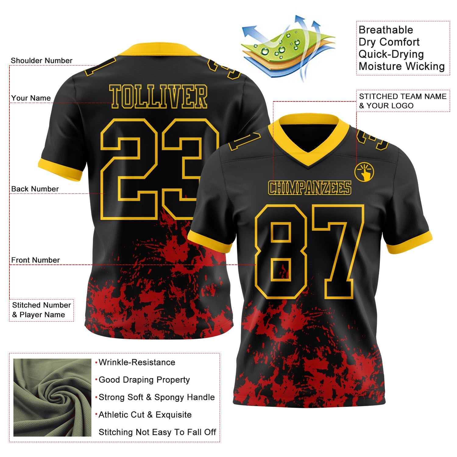 Custom Black Red-Yellow 3D Pattern Splash Authentic Football Jersey view 3
