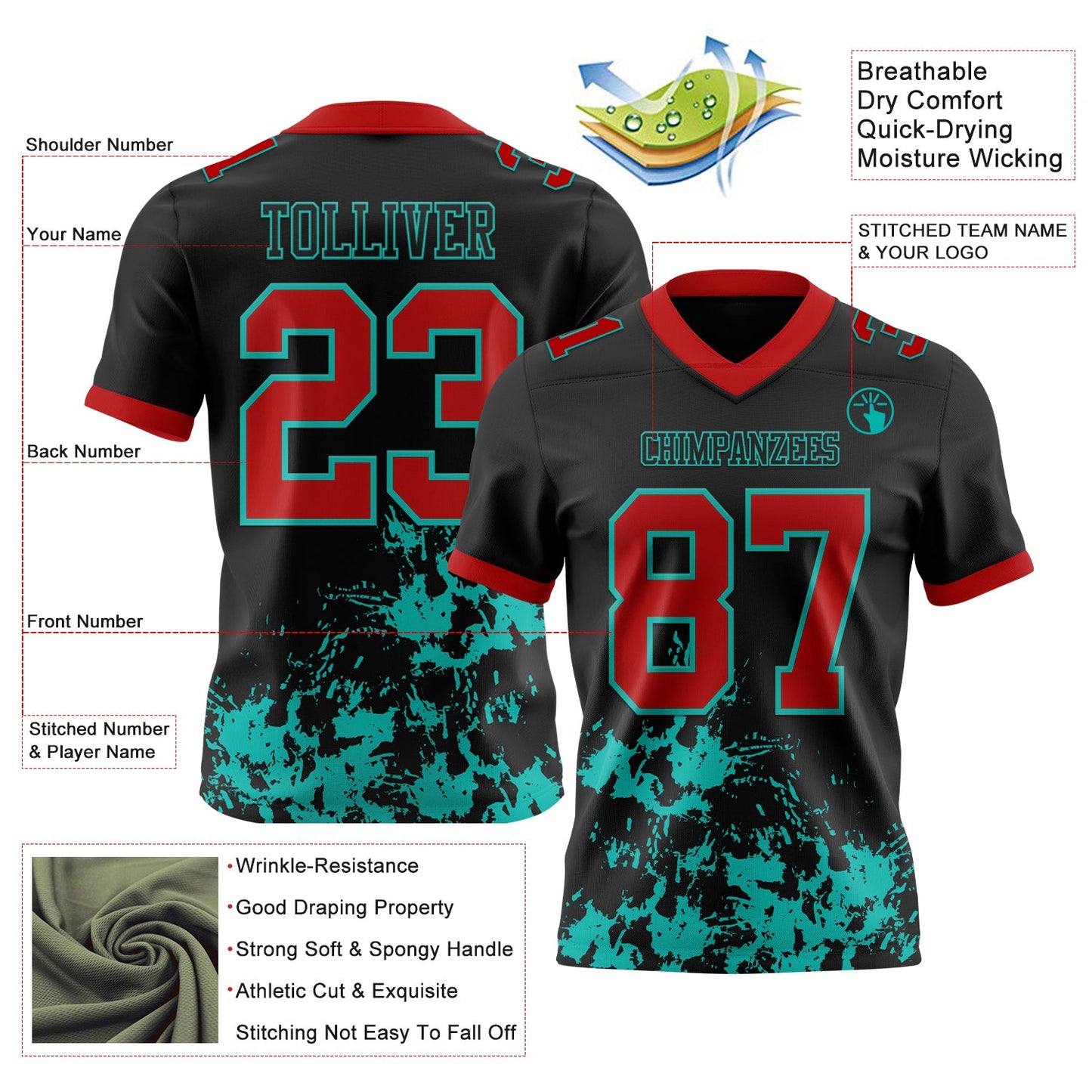 Custom Black Red-Aqua 3D Pattern Splash Authentic Football Jersey view 3