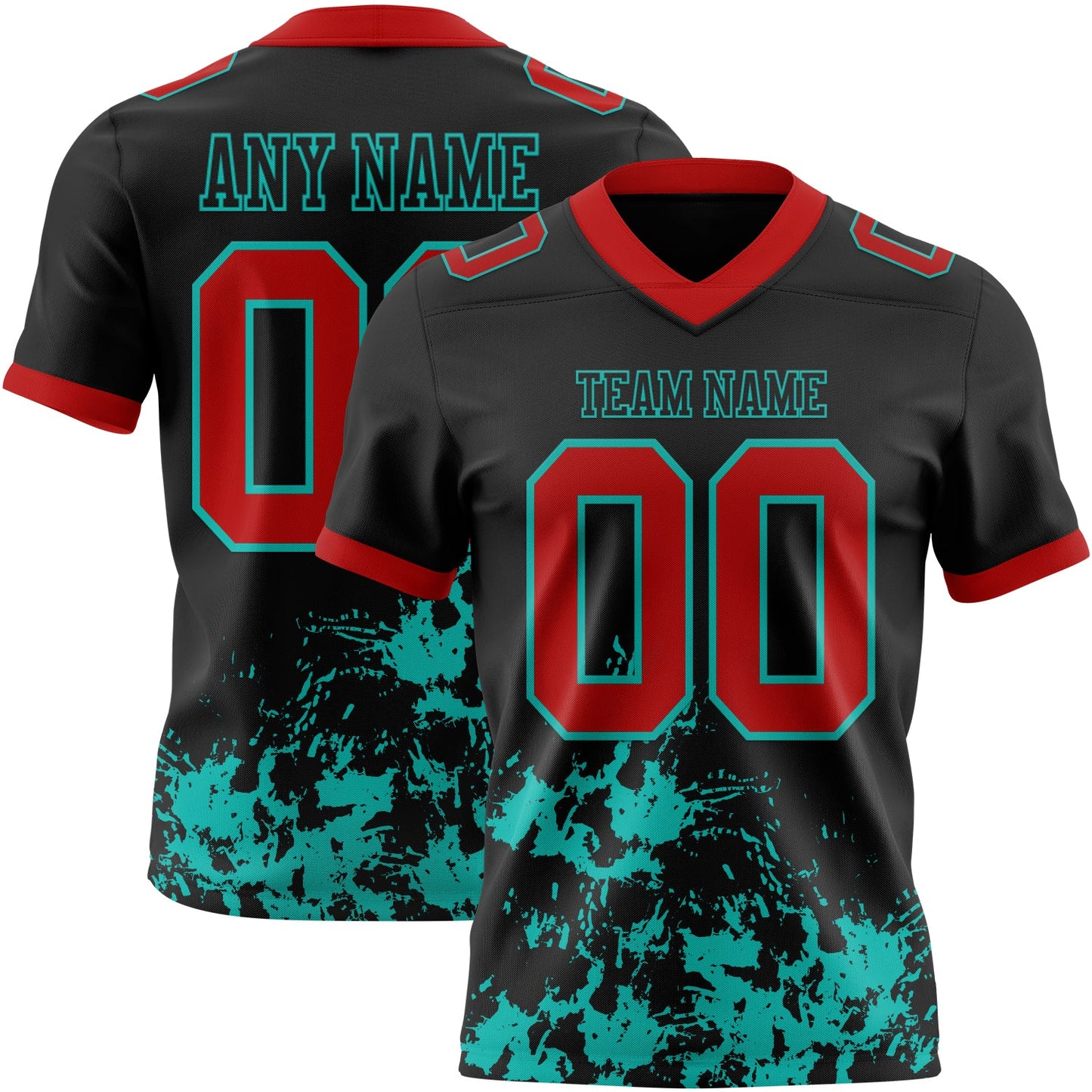 Custom Black Red-Aqua 3D Pattern Splash Authentic Football Jersey - Main View