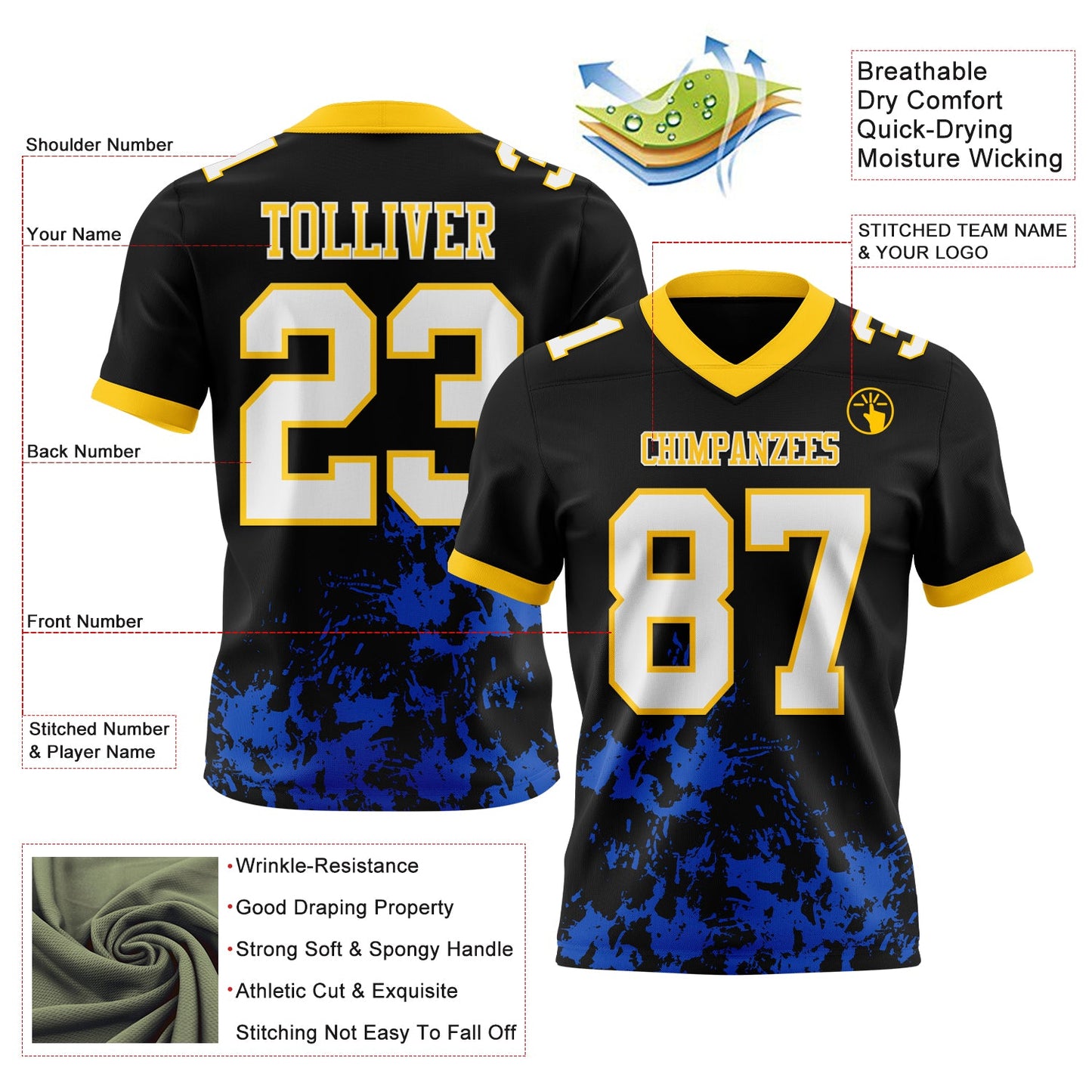 Custom Black White Thunder Blue-Yellow 3D Pattern Splash Authentic Football Jersey view 3