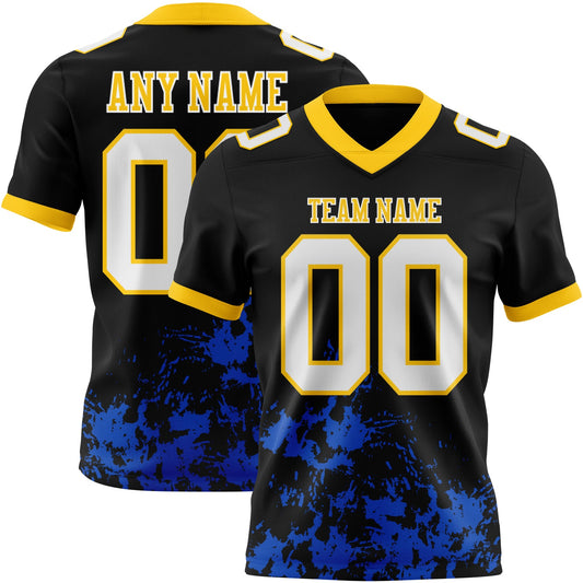 Custom Black White Thunder Blue-Yellow 3D Pattern Splash Authentic Football Jersey - Main View