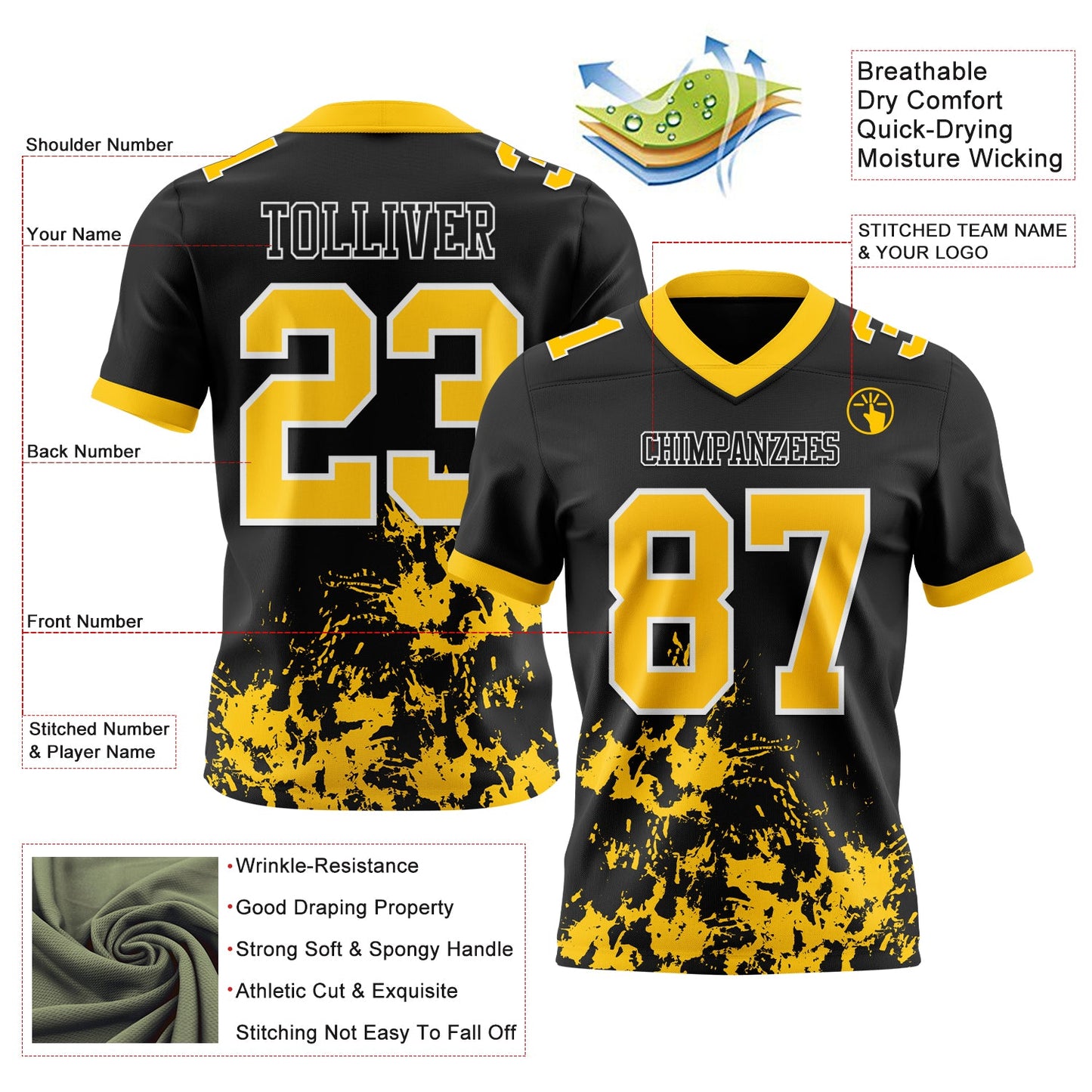 Custom Black Yellow-White 3D Pattern Splash Authentic Football Jersey view 3